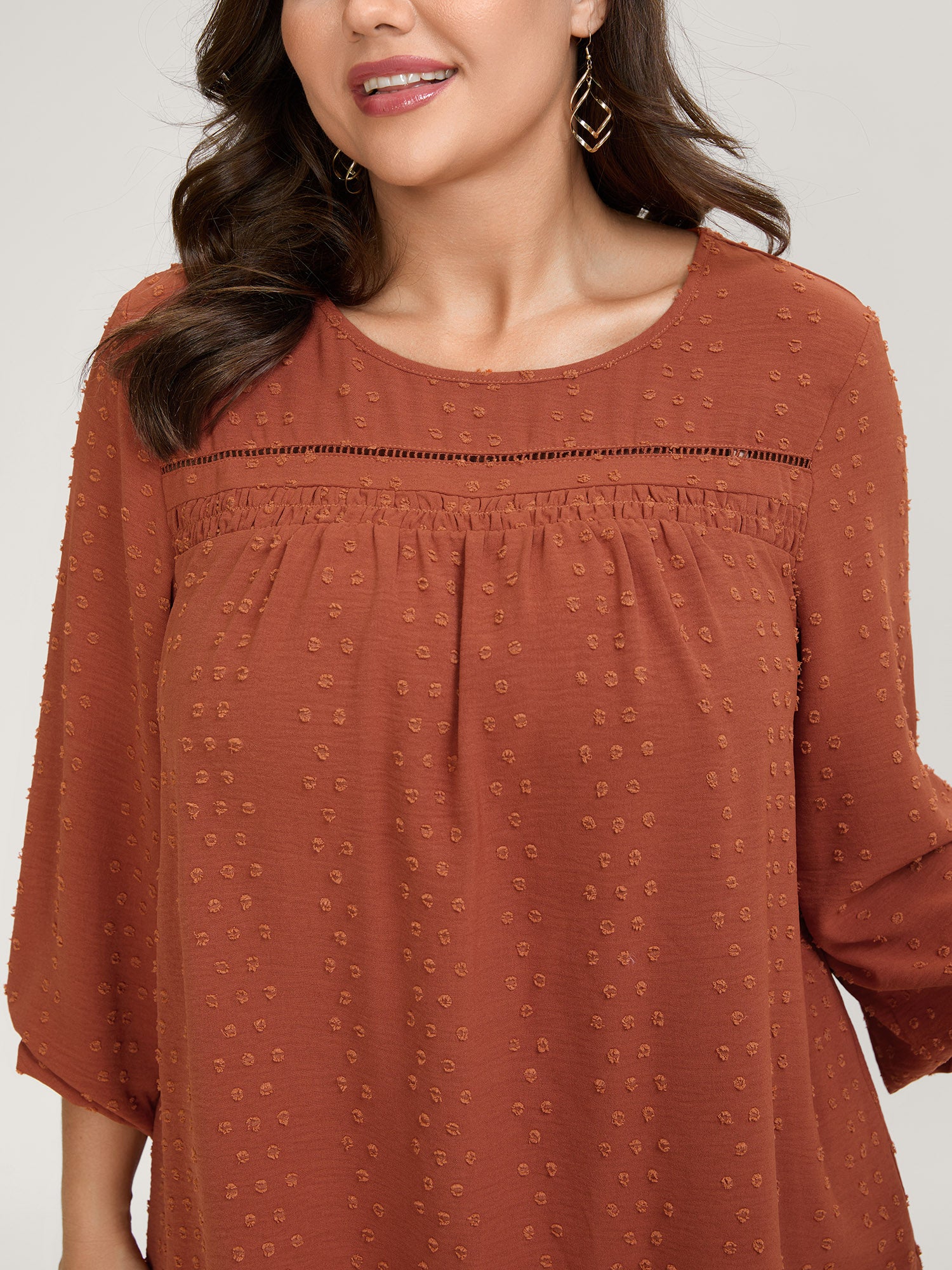 Textured Lace Trim Pleated Neck Blouse - Image 2