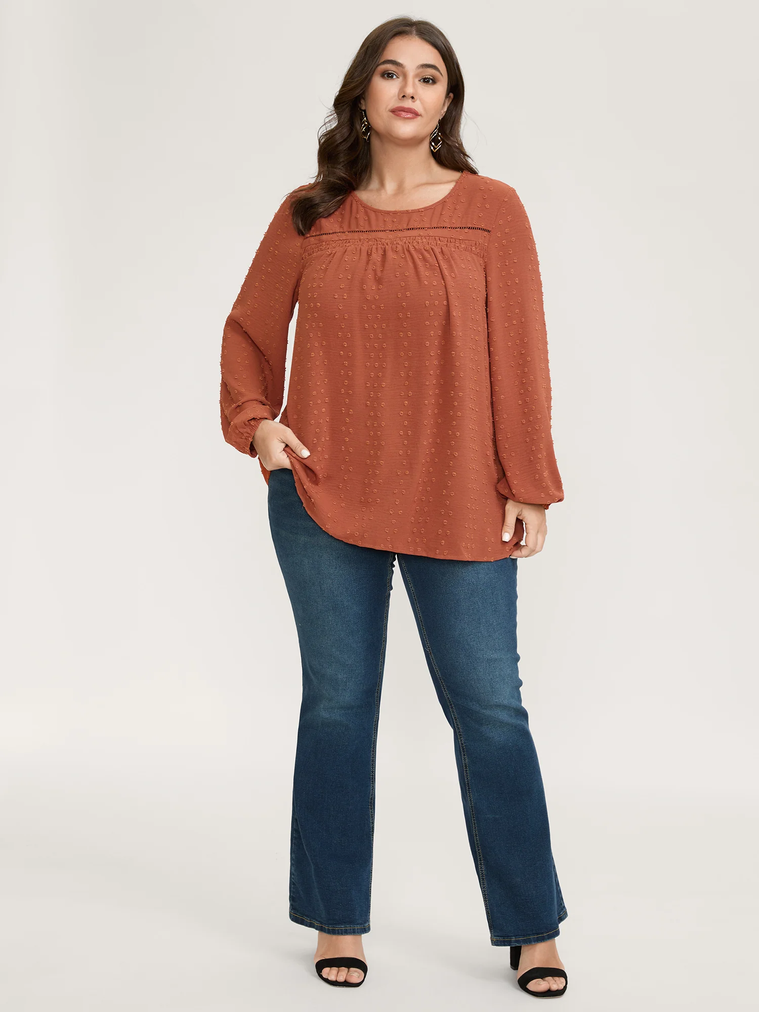 Textured Lace Trim Pleated Neck Blouse - Image 3
