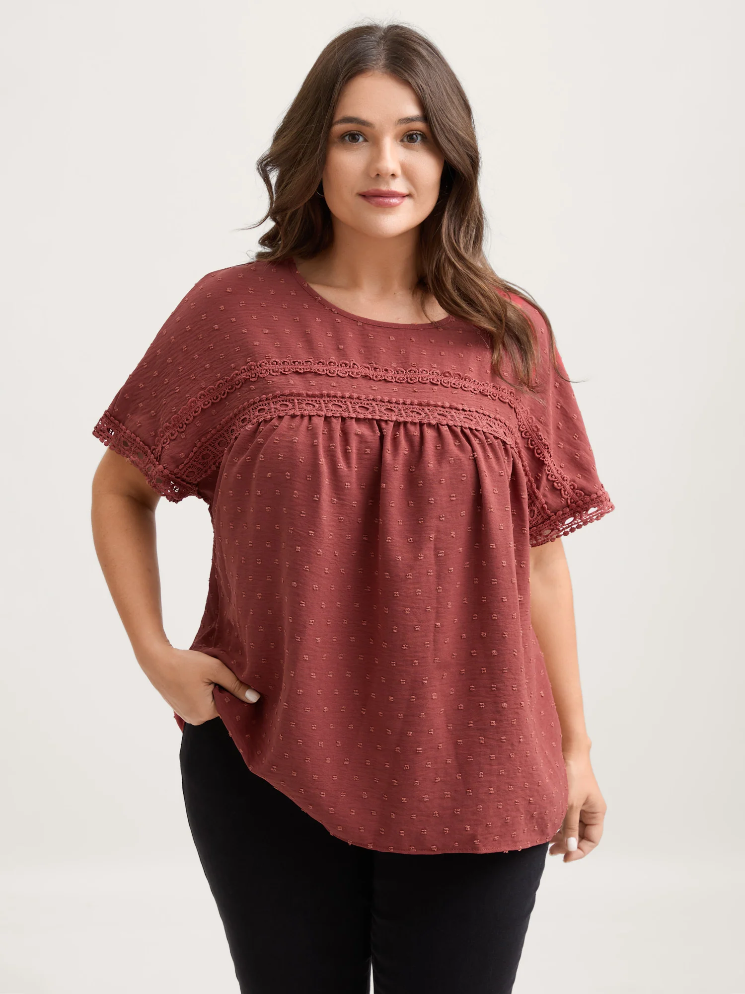 Textured Lace Trim Solid Blouse - Image 2