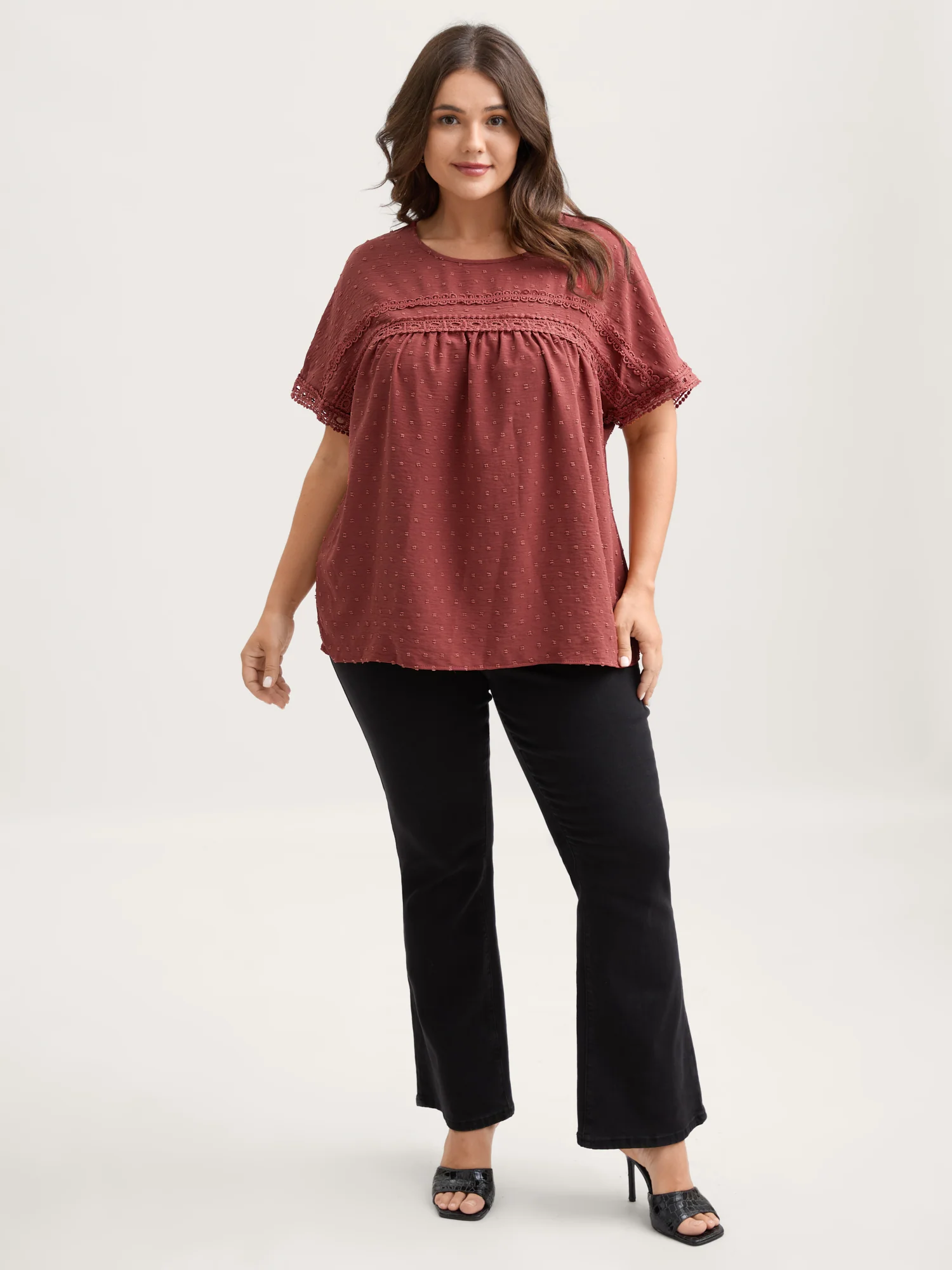 Textured Lace Trim Solid Blouse - Image 3