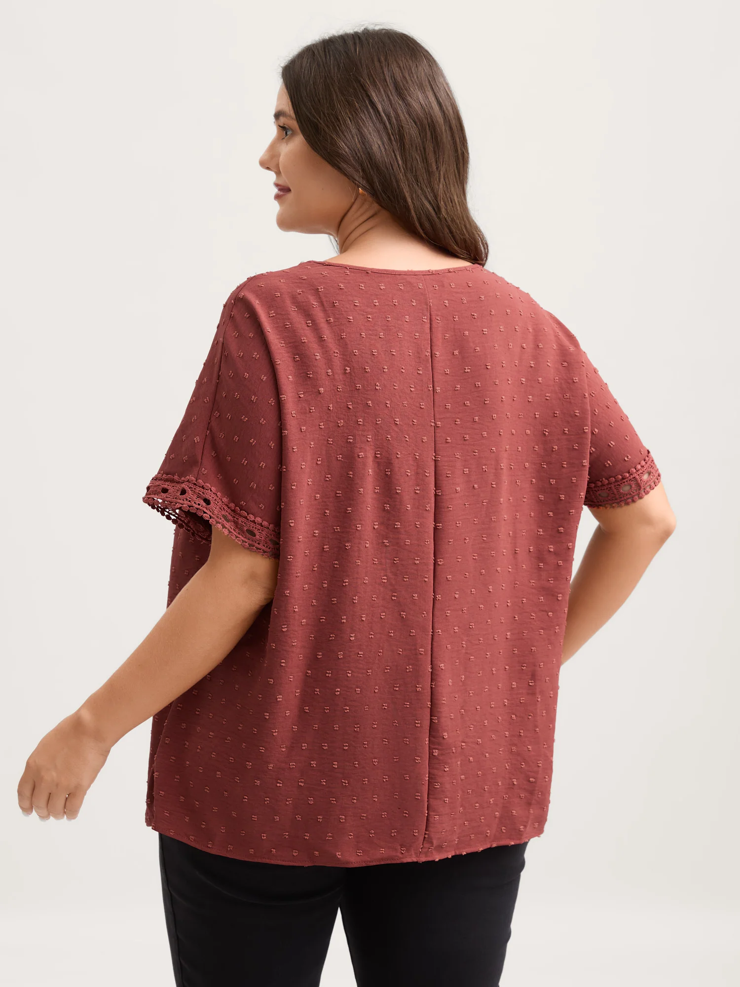 Textured Lace Trim Solid Blouse - Image 4