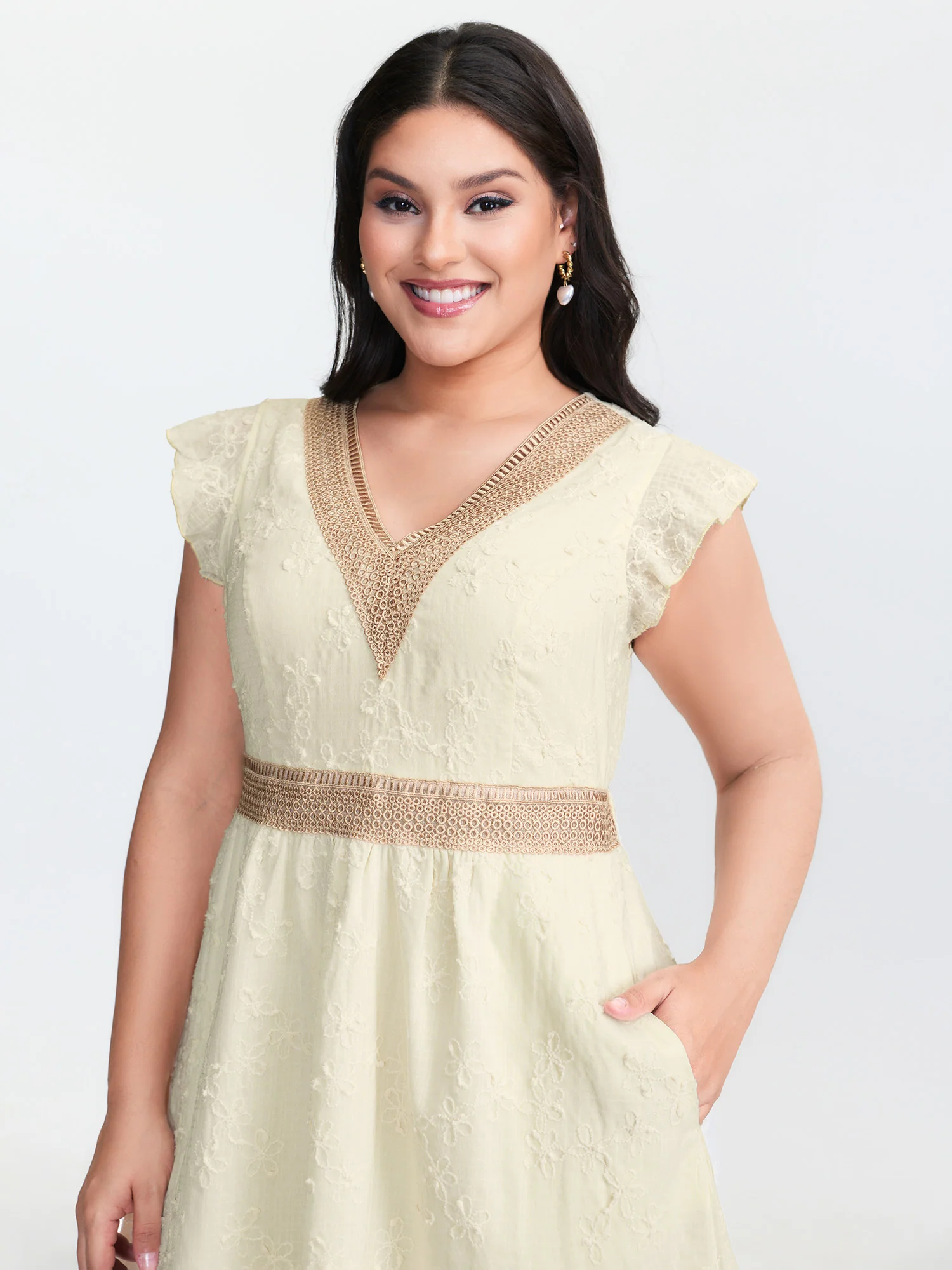 Textured Lace Trim V-Neck Flutter Sleeve Mini Dress - Image 2