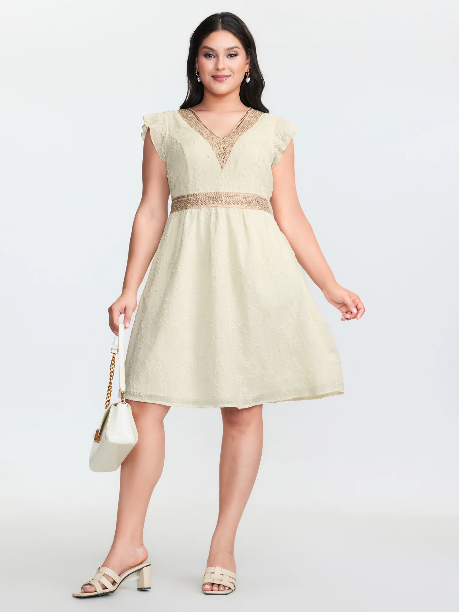 Textured Lace Trim V-Neck Flutter Sleeve Mini Dress - Image 3