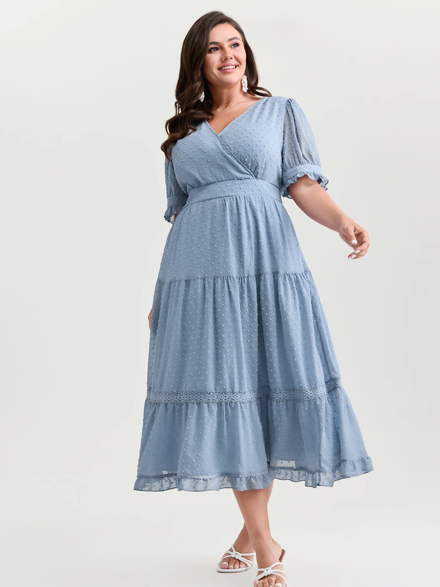 Textured Lace Trim Wrap Neckline Tiered Midi Dress - Image 2
