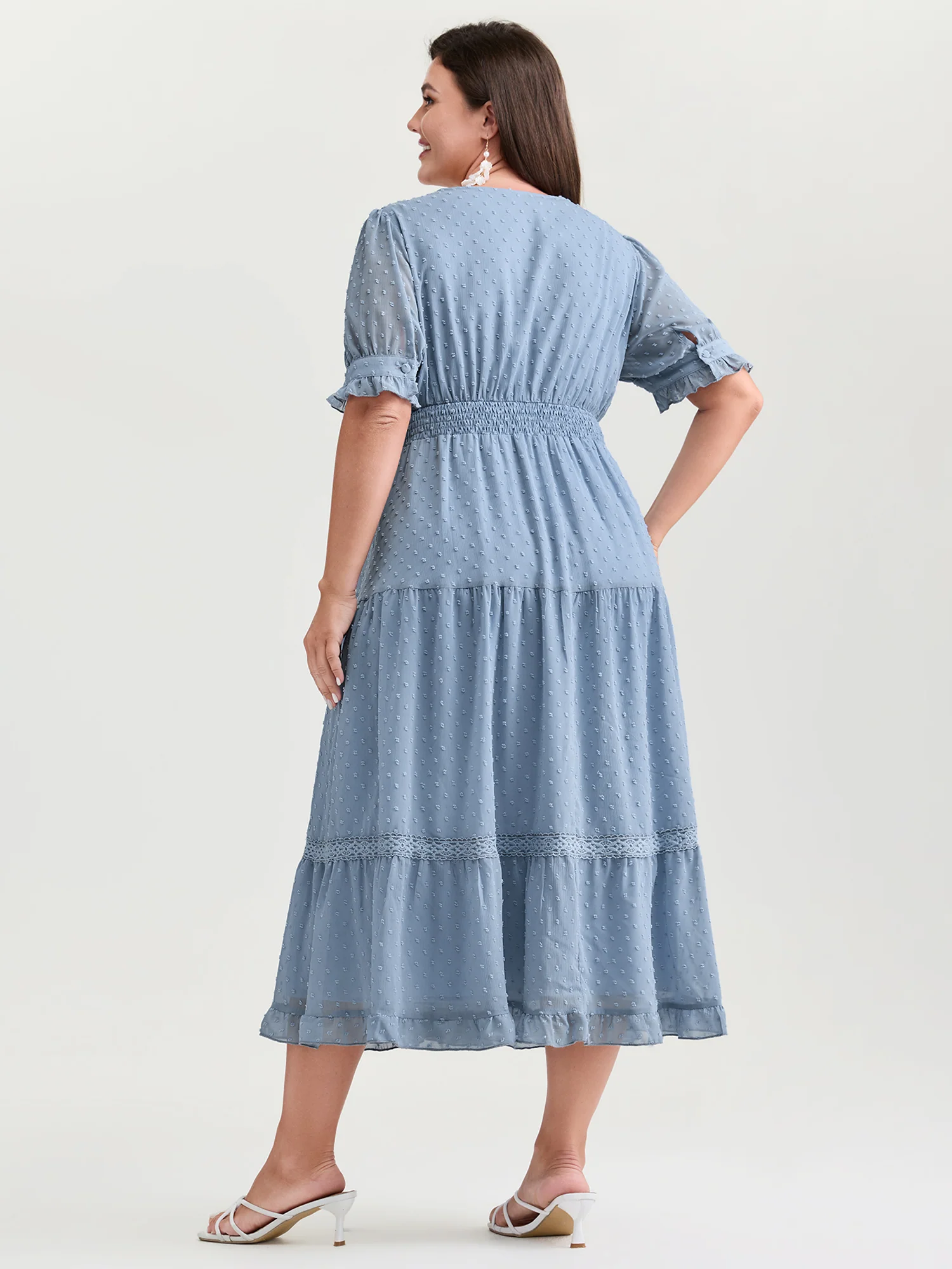 Textured Lace Trim Wrap Neckline Tiered Midi Dress - Image 4