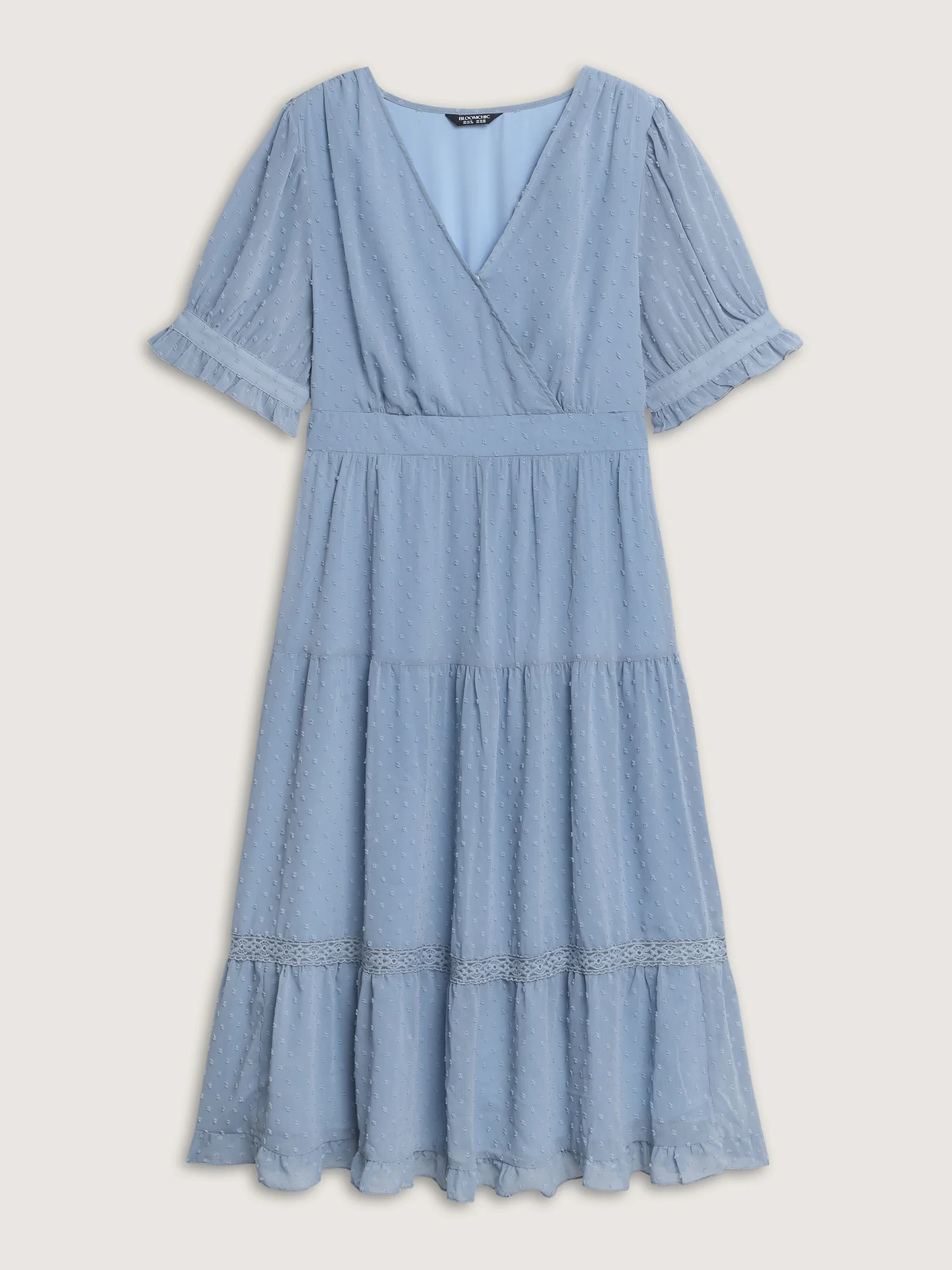 Textured Lace Trim Wrap Neckline Tiered Midi Dress - Image 7
