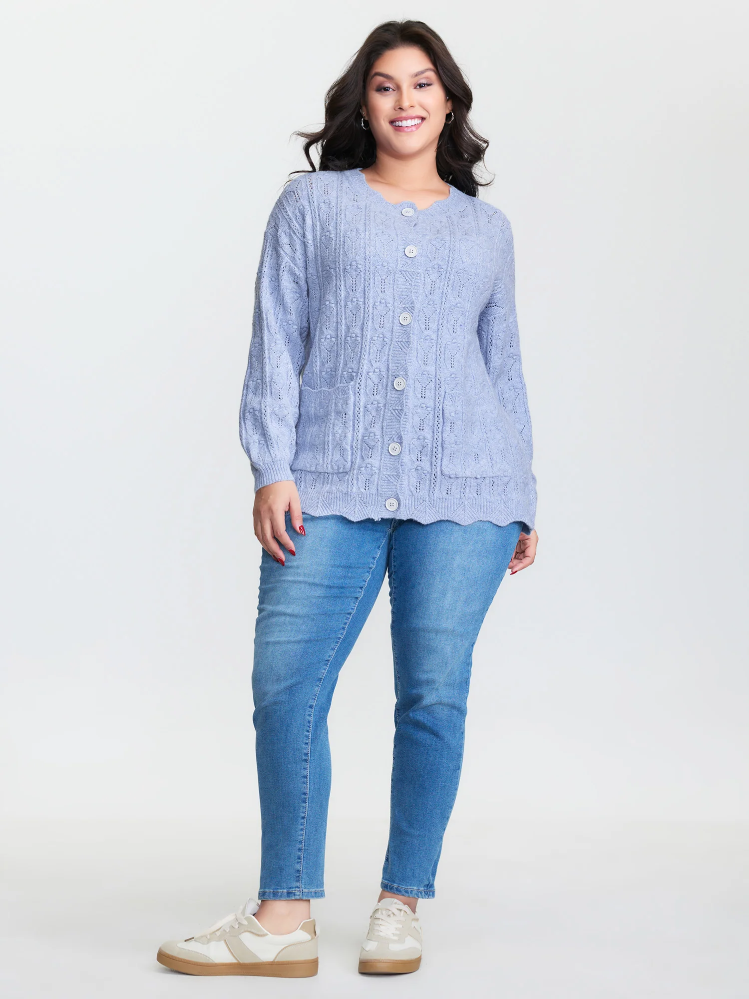 Textured Lantern Sleeve Button Knit Cardigan - Image 2