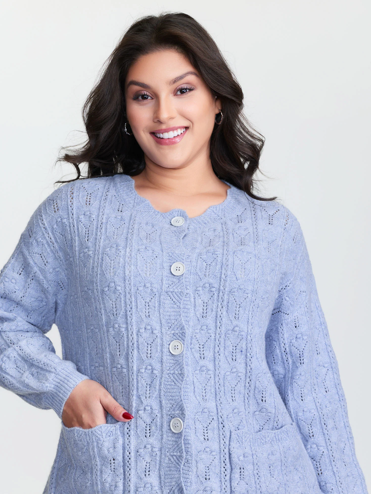 Textured Lantern Sleeve Button Knit Cardigan - Image 3