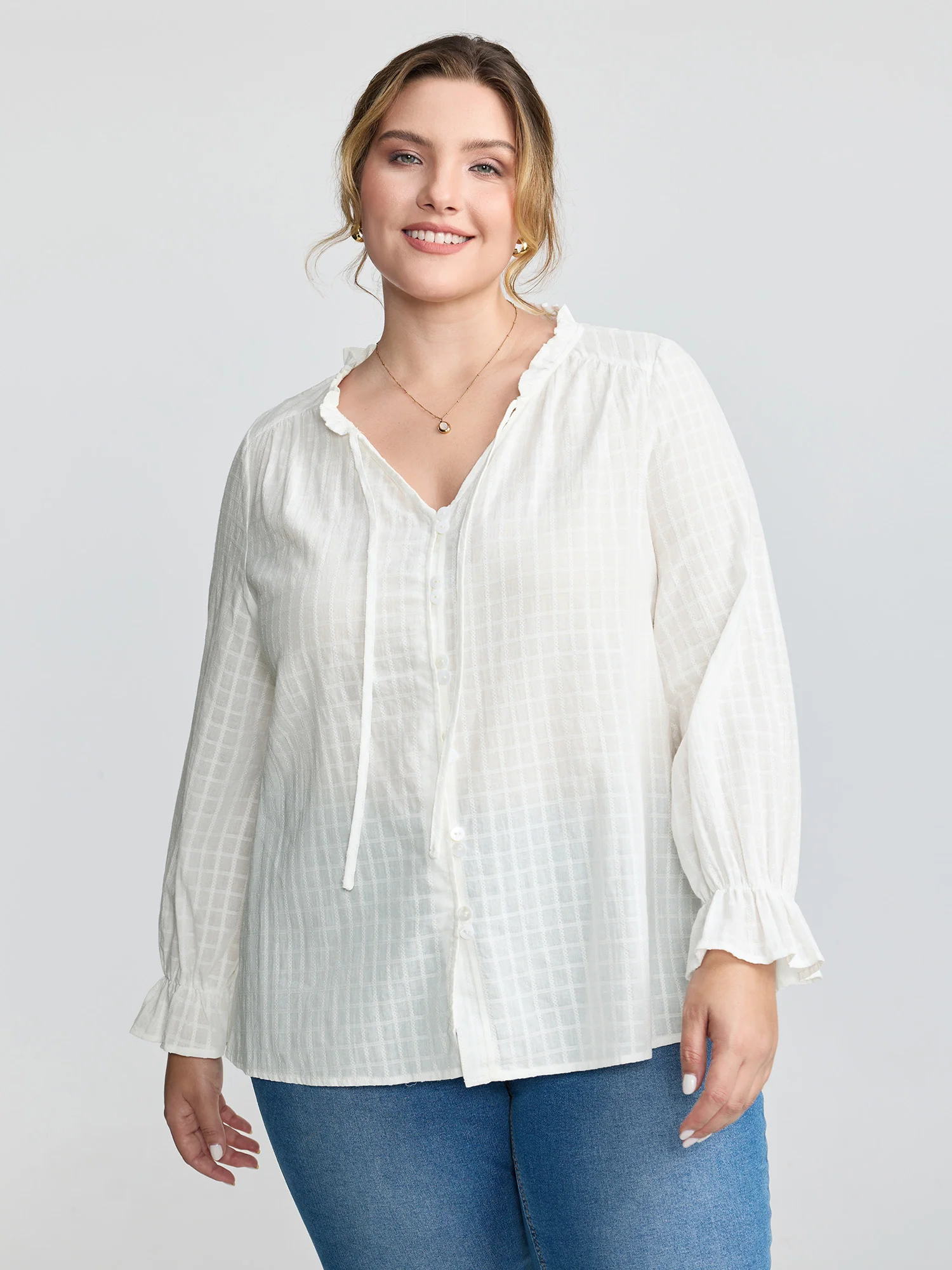 Textured Lantern Sleeve Neck-Tie Blouse