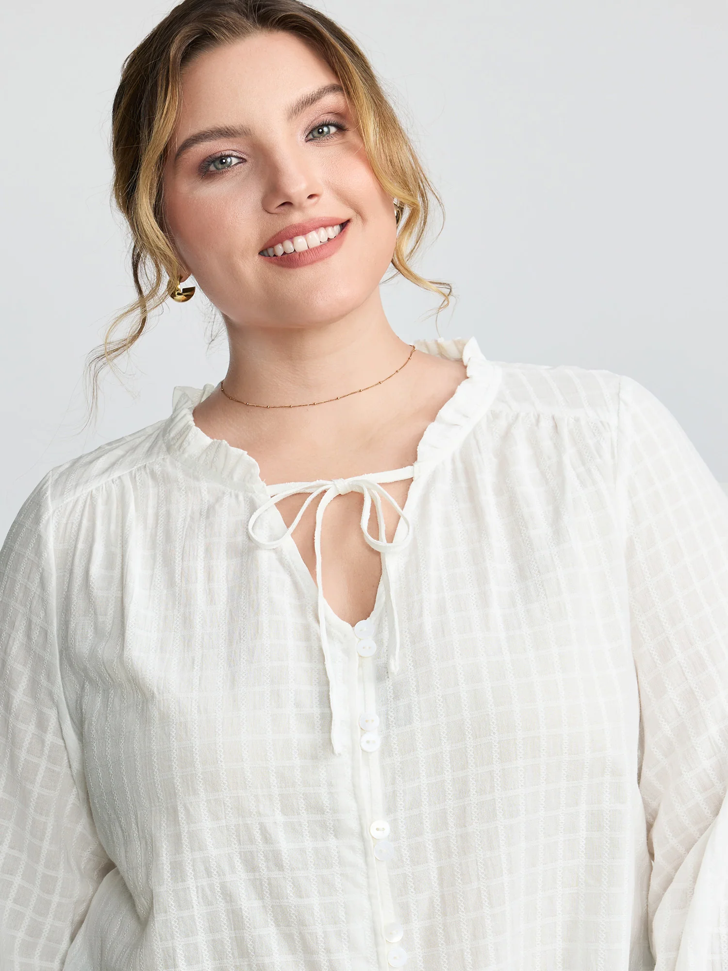 Textured Lantern Sleeve Neck-Tie Blouse - Image 2