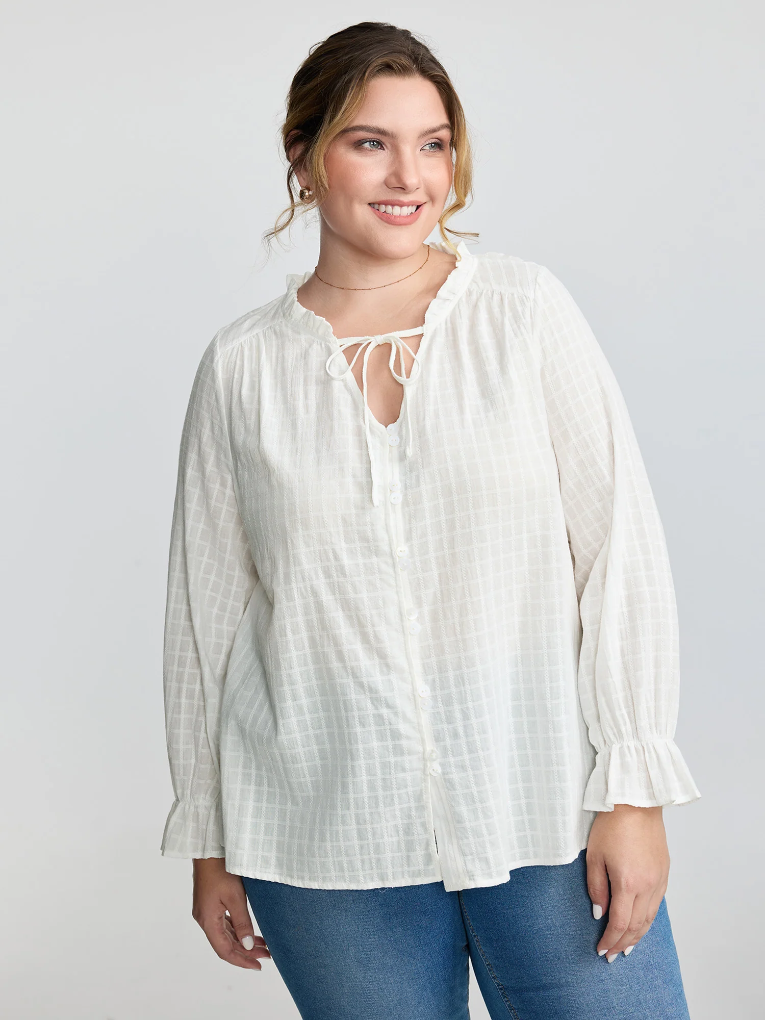 Textured Lantern Sleeve Neck-Tie Blouse - Image 3