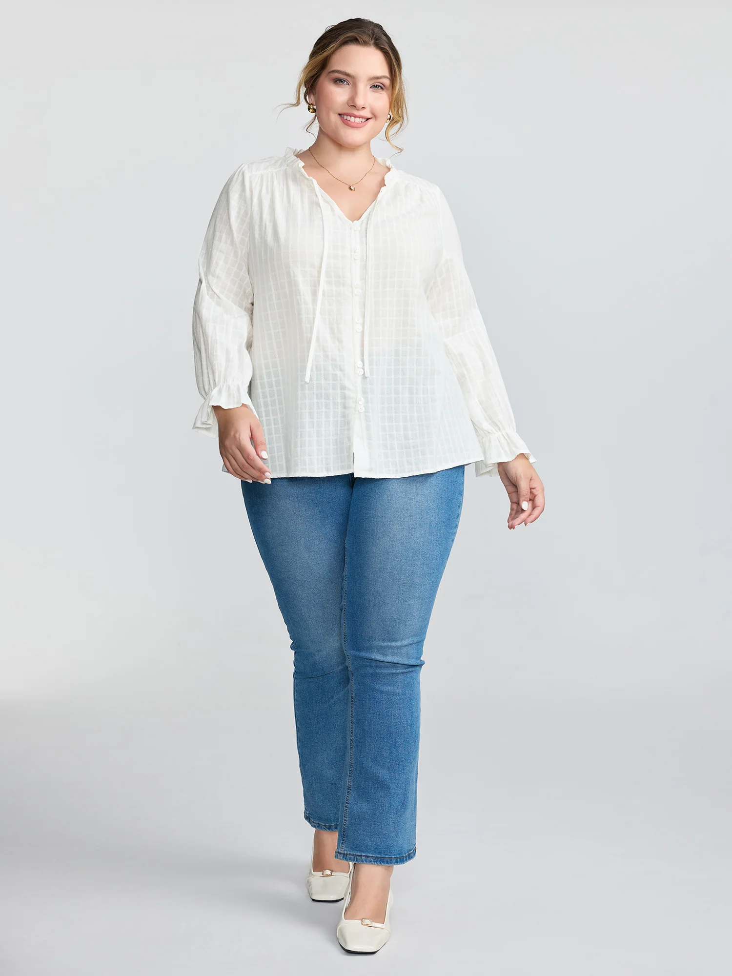 Textured Lantern Sleeve Neck-Tie Blouse - Image 4