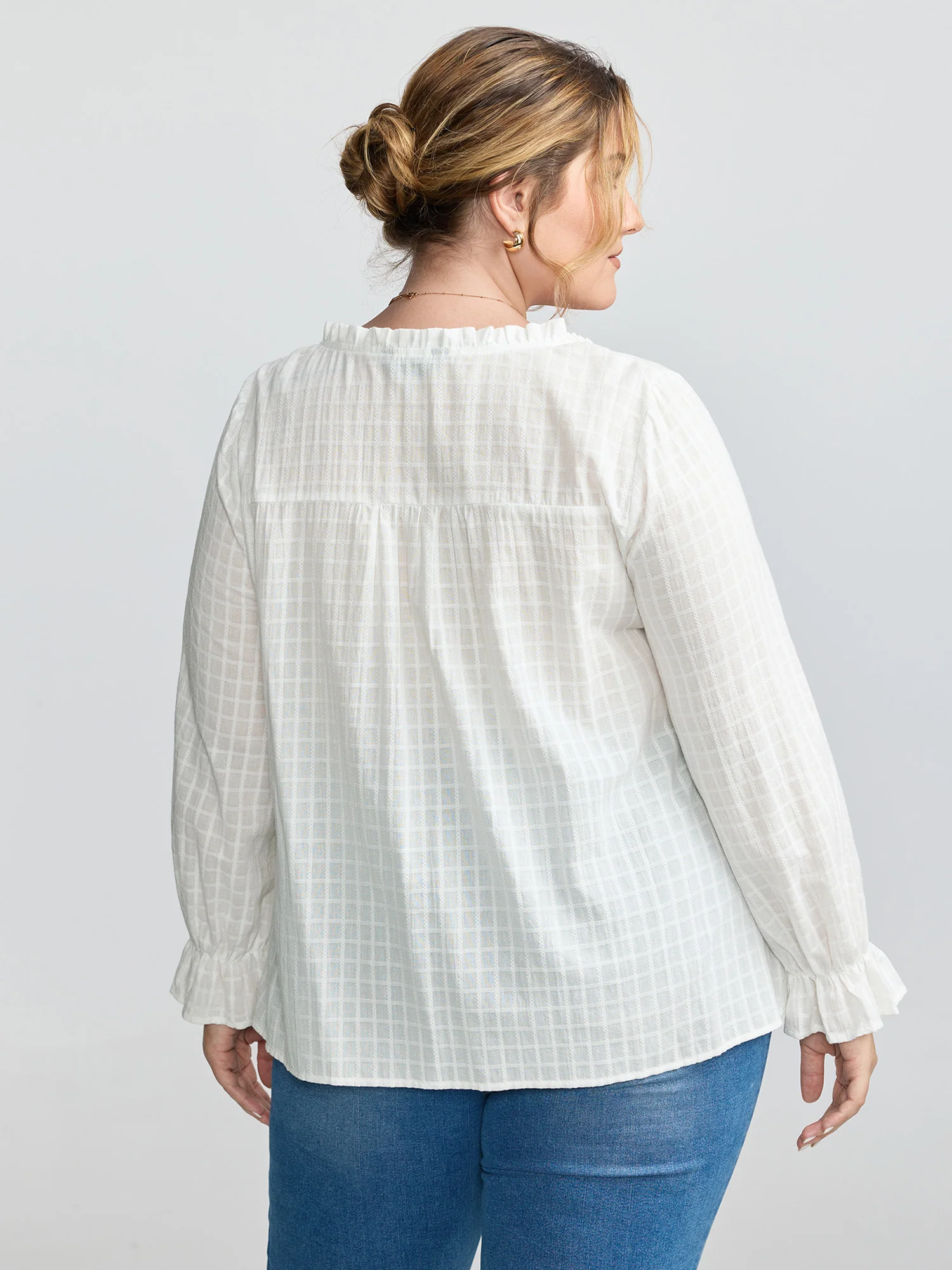 Textured Lantern Sleeve Neck-Tie Blouse - Image 5