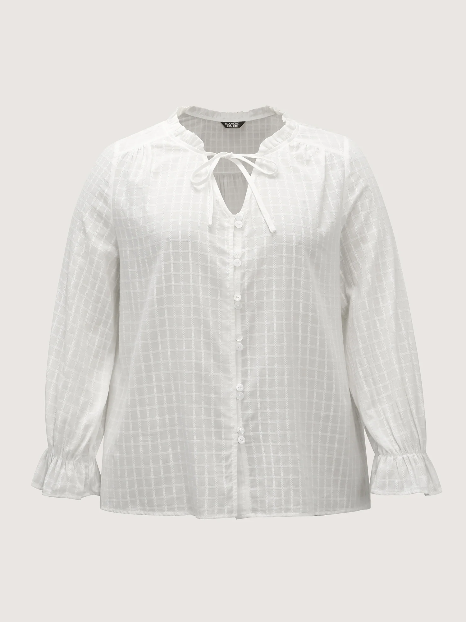 Textured Lantern Sleeve Neck-Tie Blouse - Image 8