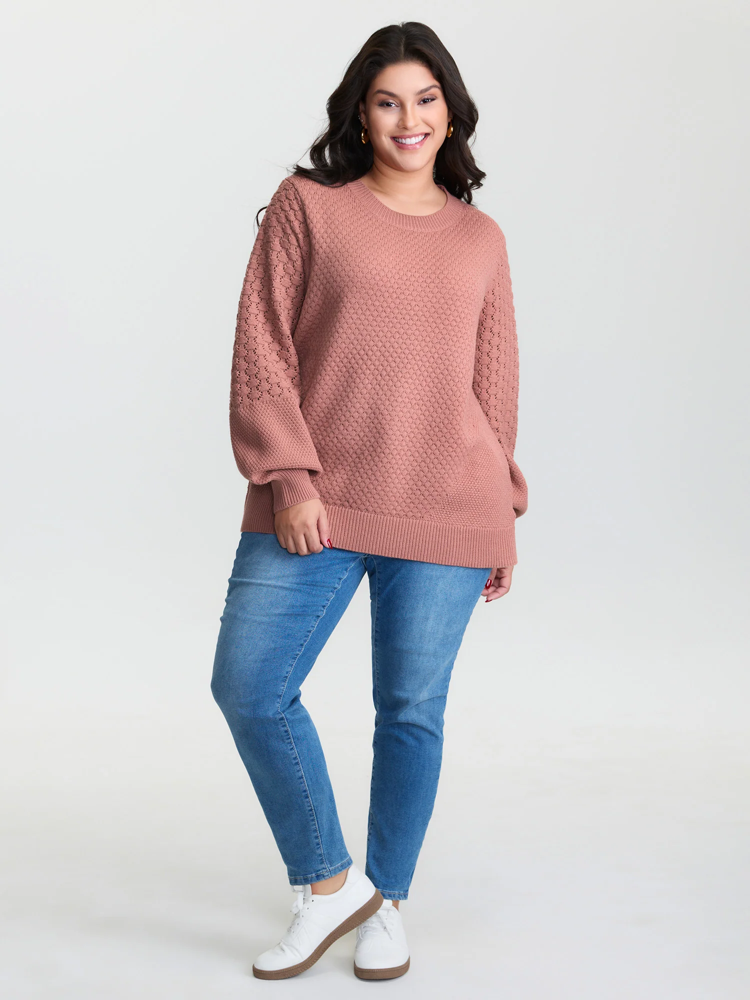 Textured Lantern Sleeve Ribbed-Hem Pullover - Image 2