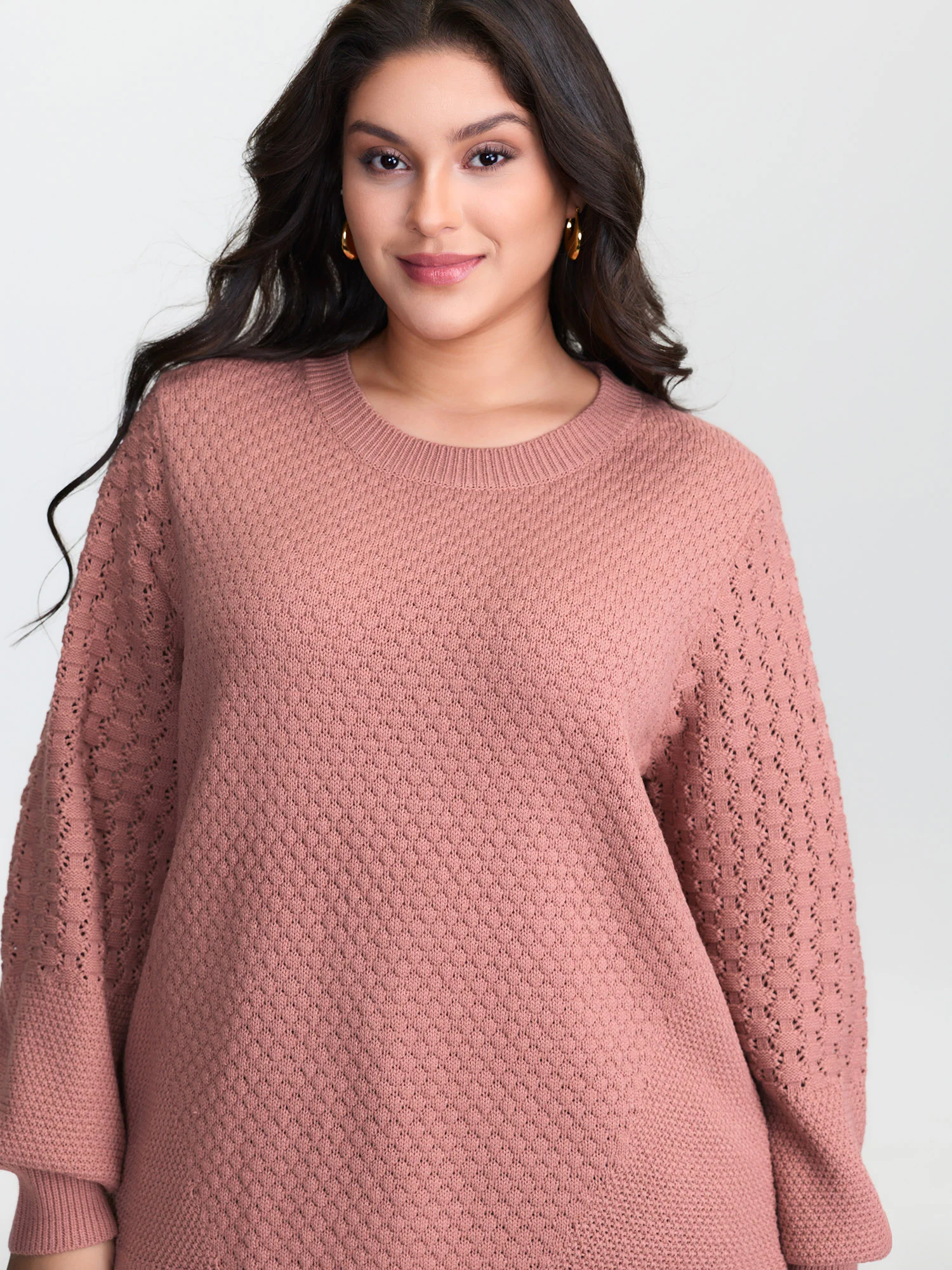 Textured Lantern Sleeve Ribbed-Hem Pullover - Image 3