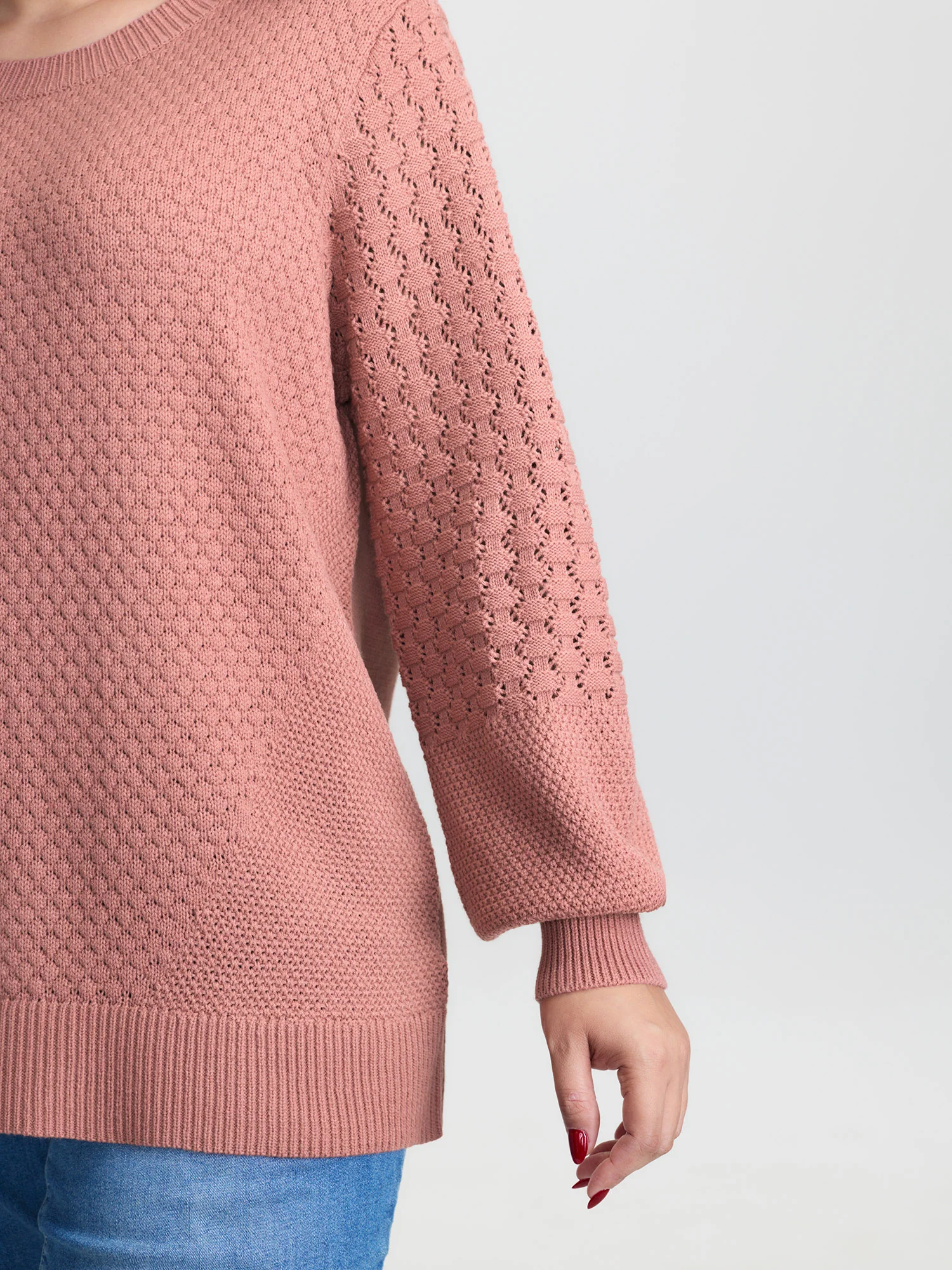 Textured Lantern Sleeve Ribbed-Hem Pullover - Image 4