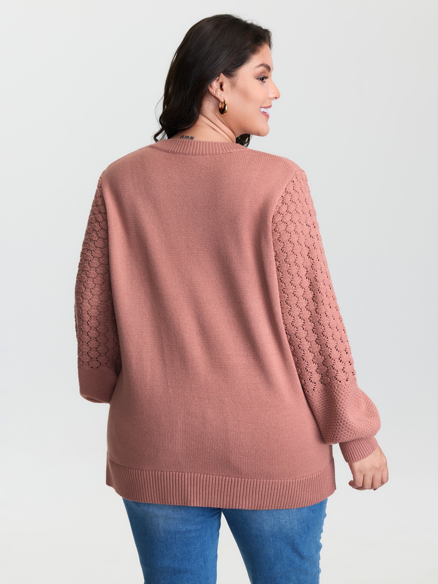 Textured Lantern Sleeve Ribbed-Hem Pullover - Image 5