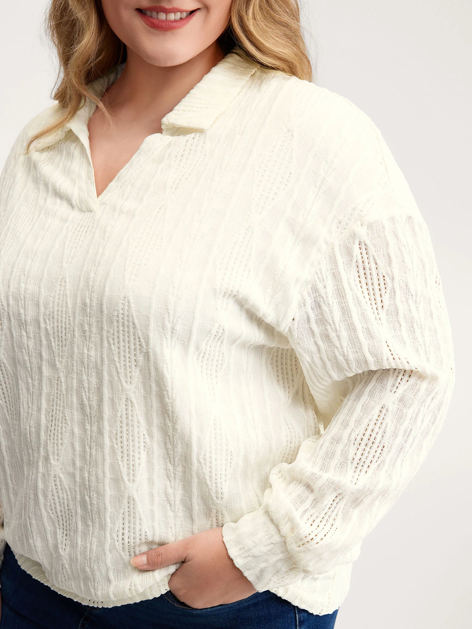 Textured Lapel Collar Stretchy Hem Sweatshirt - Image 2