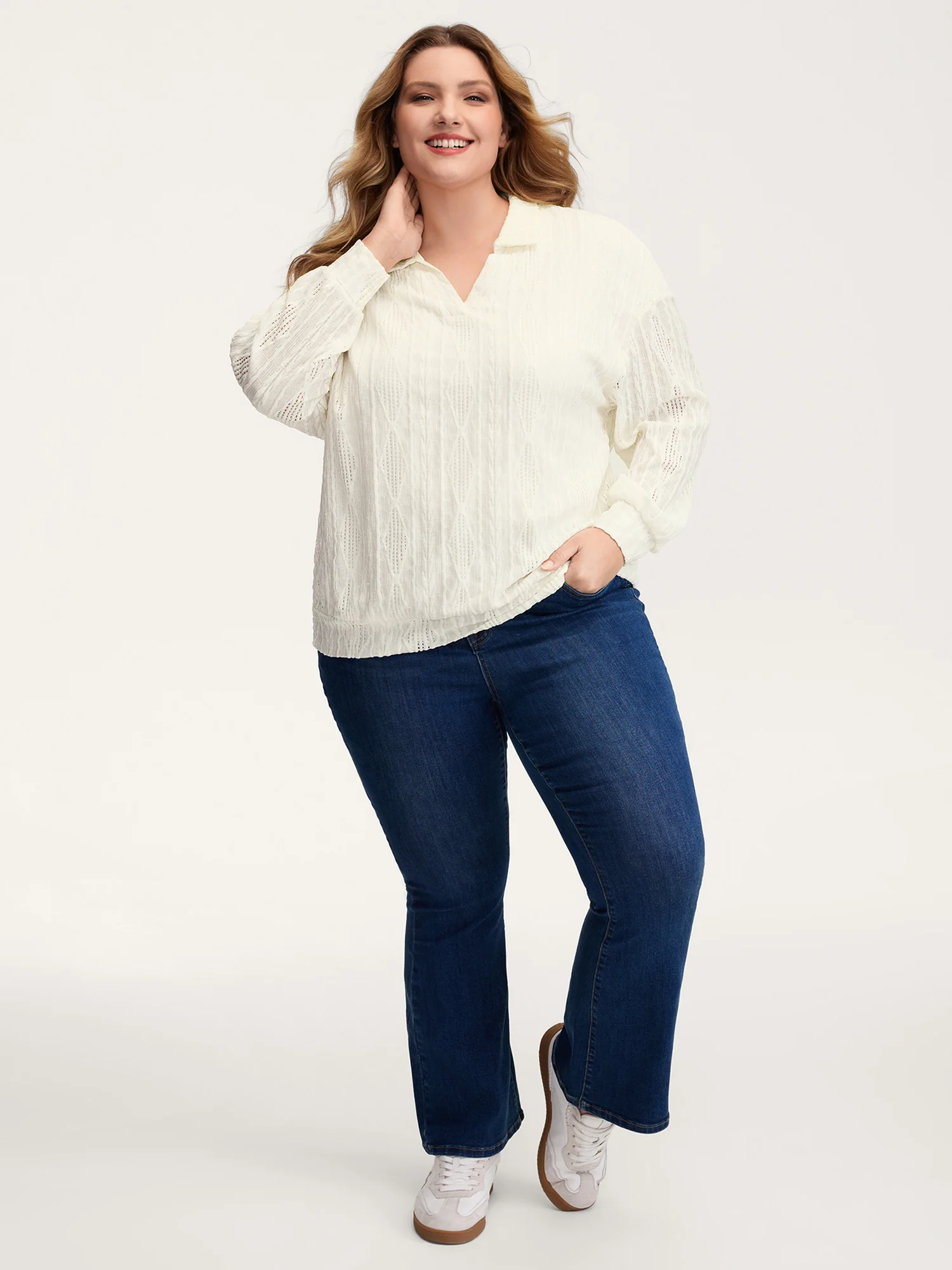 Textured Lapel Collar Stretchy Hem Sweatshirt - Image 3