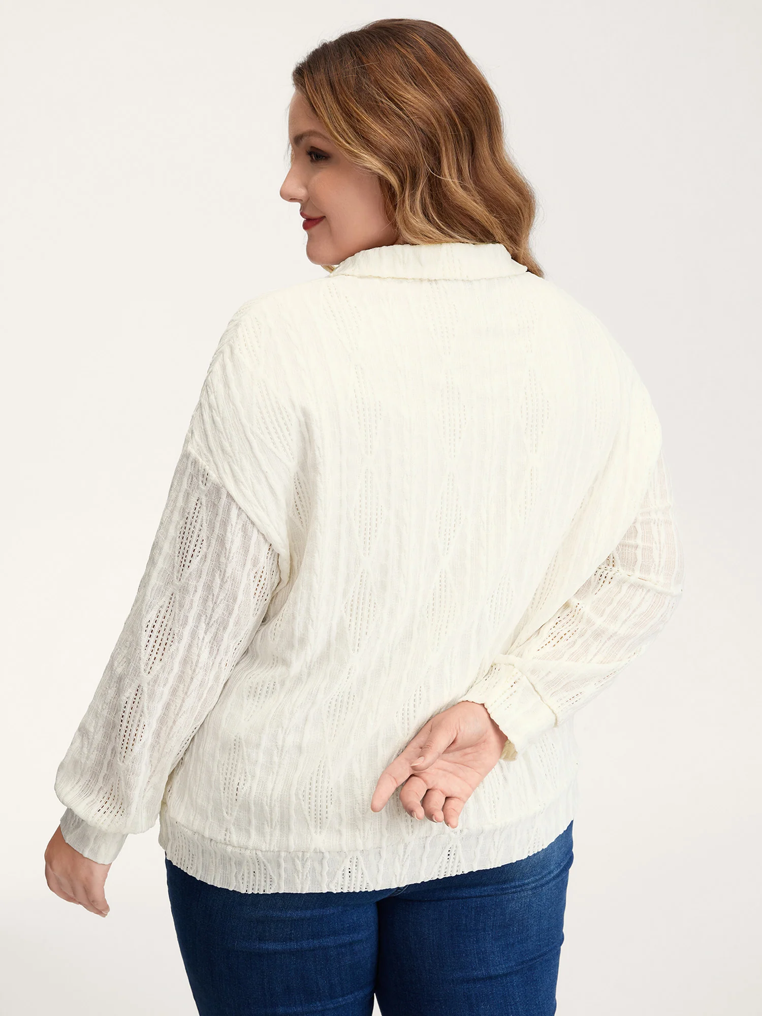 Textured Lapel Collar Stretchy Hem Sweatshirt - Image 5