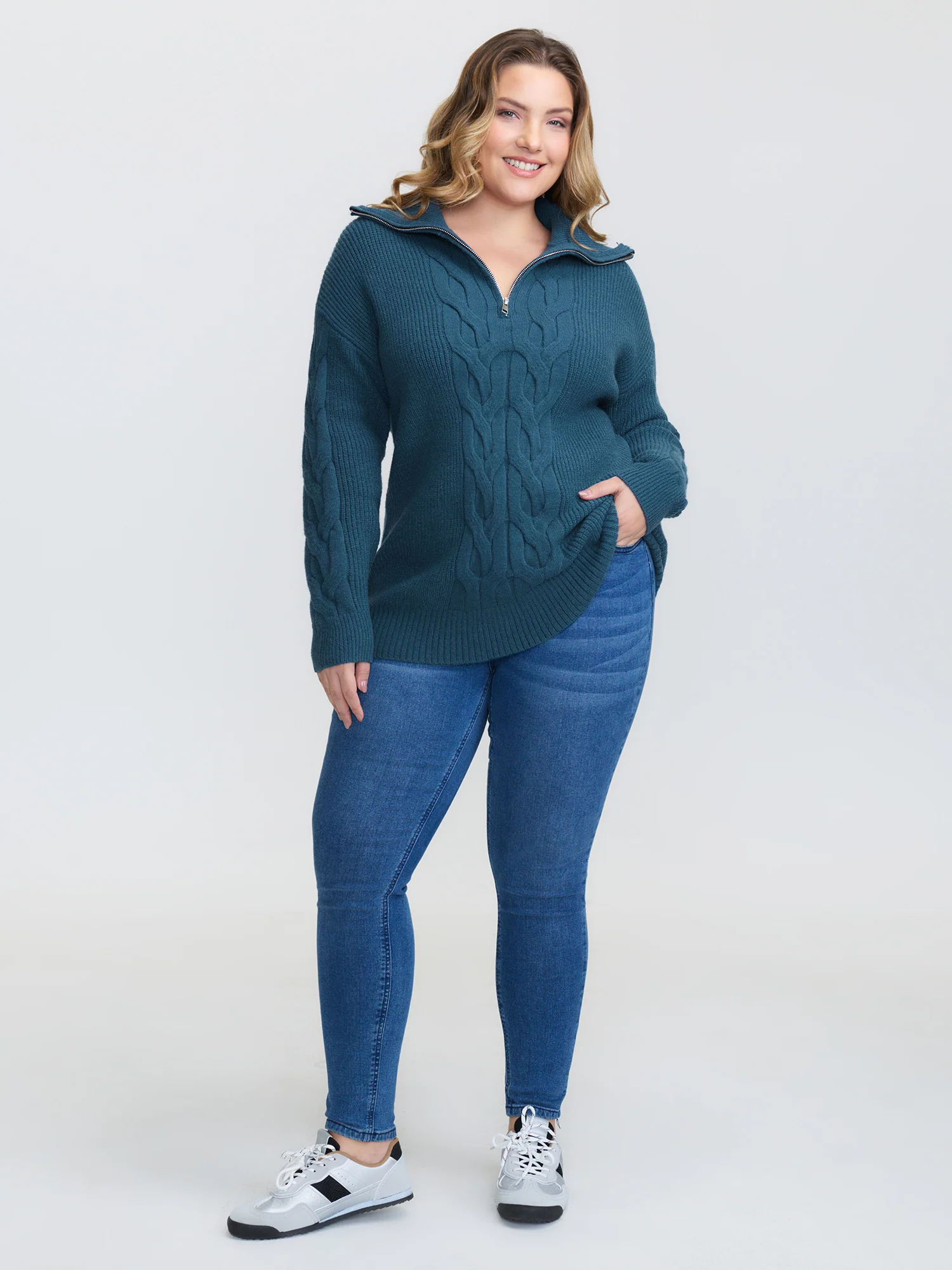 Textured Lapel Collar Zipper Pullover - Image 2