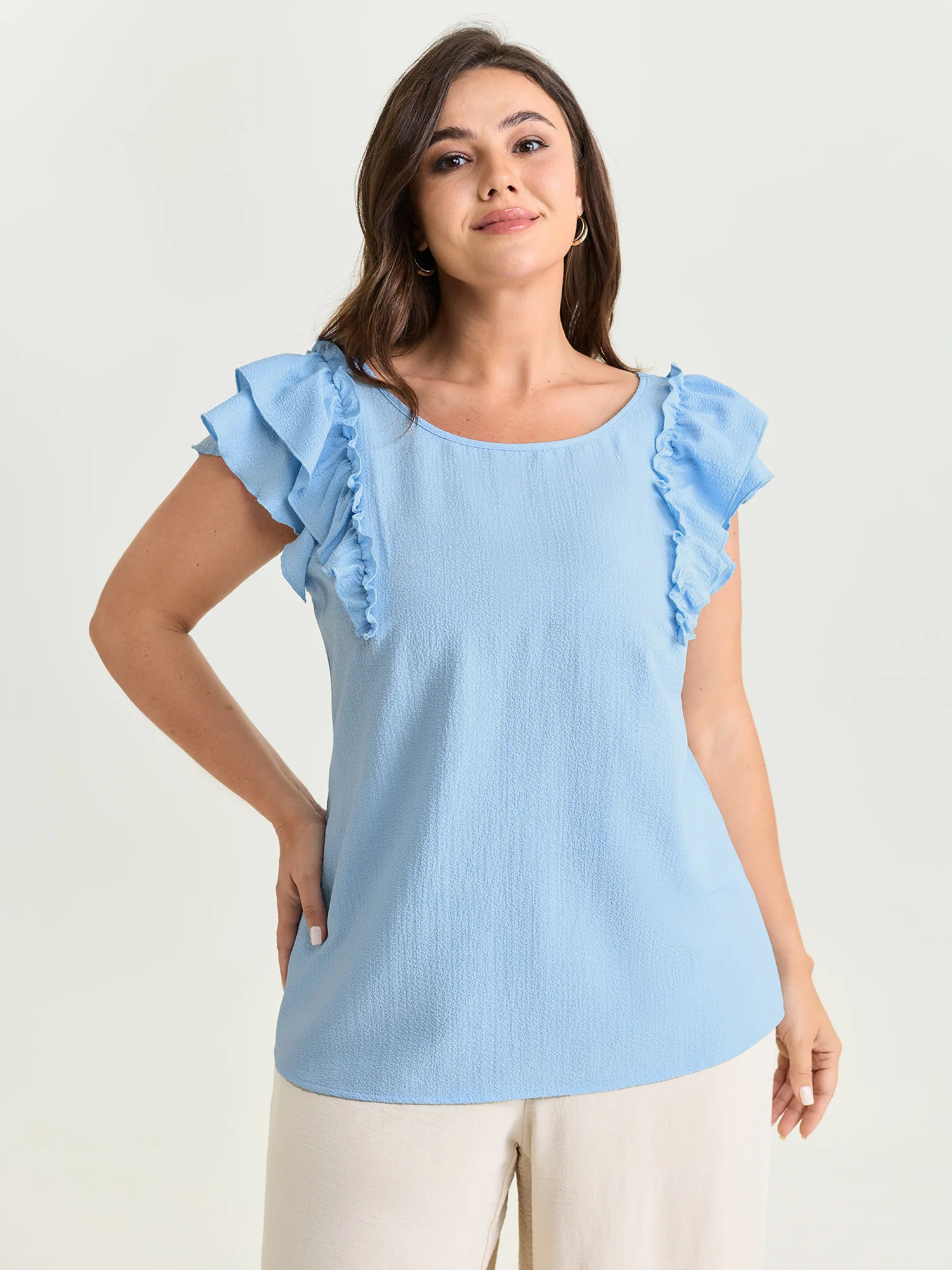 Textured Layered Flutter Sleeve Bowknot Blouse - Image 2