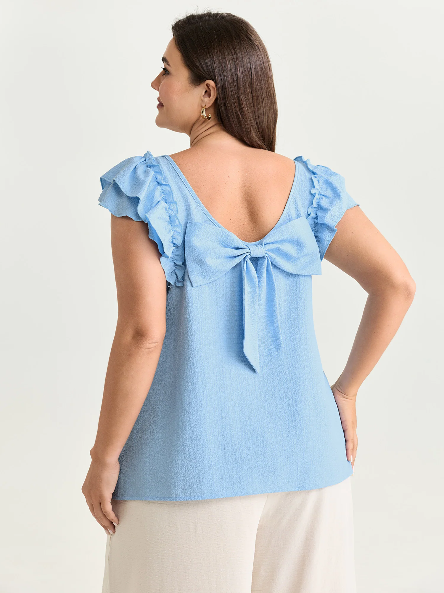 Textured Layered Flutter Sleeve Bowknot Blouse - Image 5