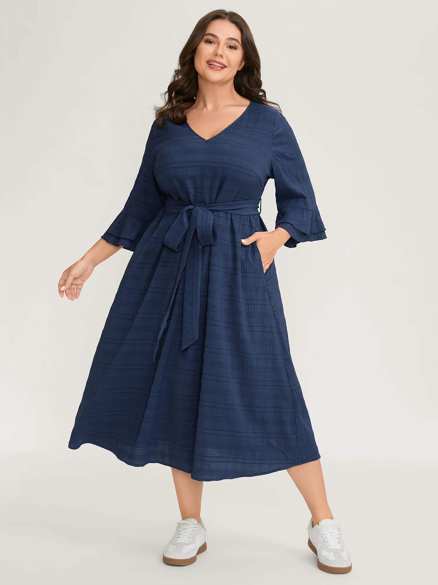 Textured Layered Ruffled Sleeve Belted Midi Dress