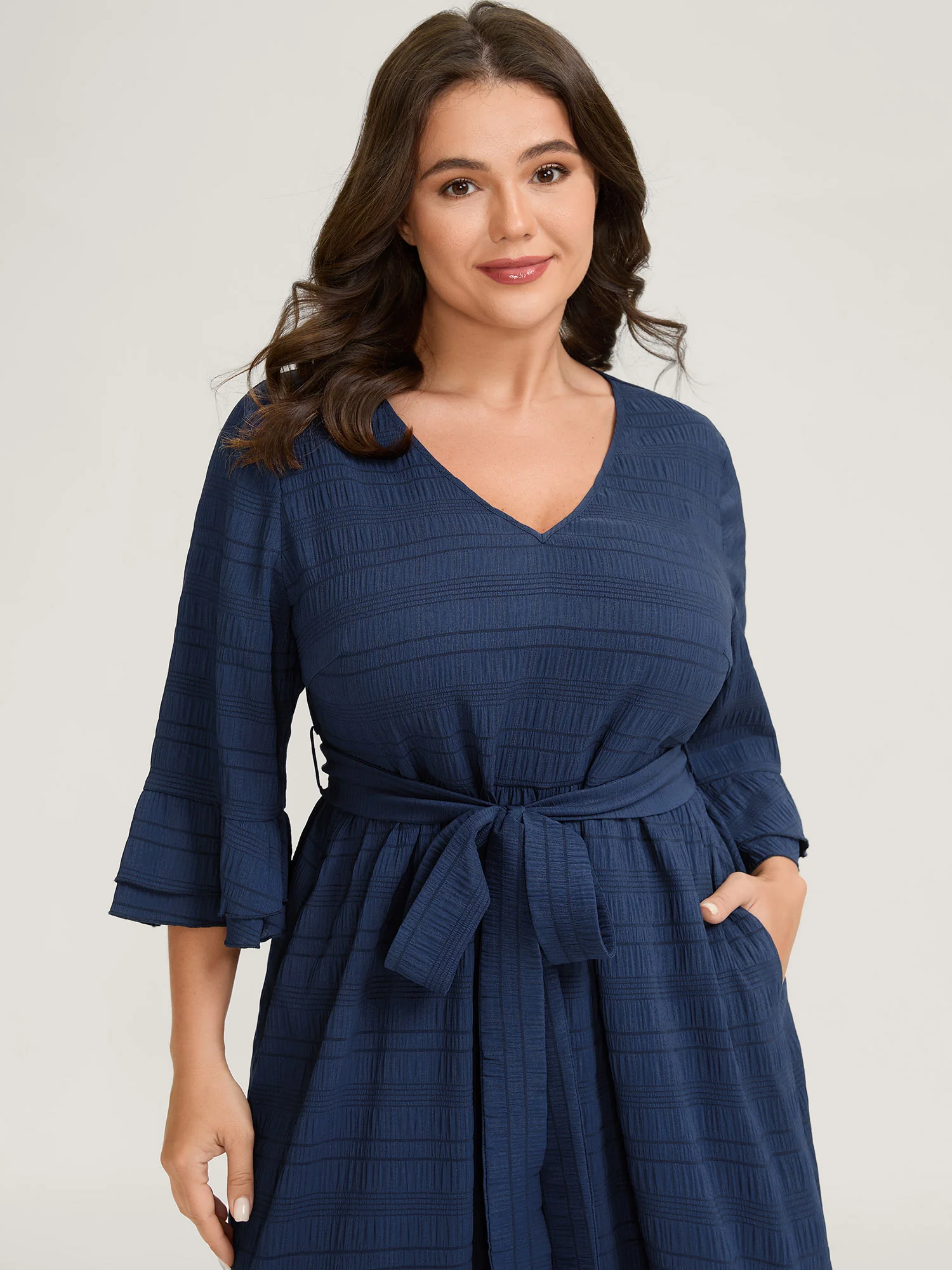 Textured Layered Ruffled Sleeve Belted Midi Dress - Image 2