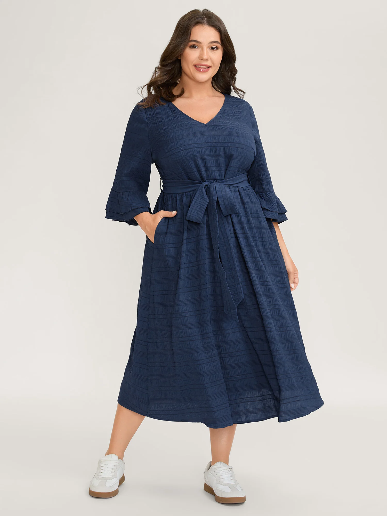 Textured Layered Ruffled Sleeve Belted Midi Dress - Image 3