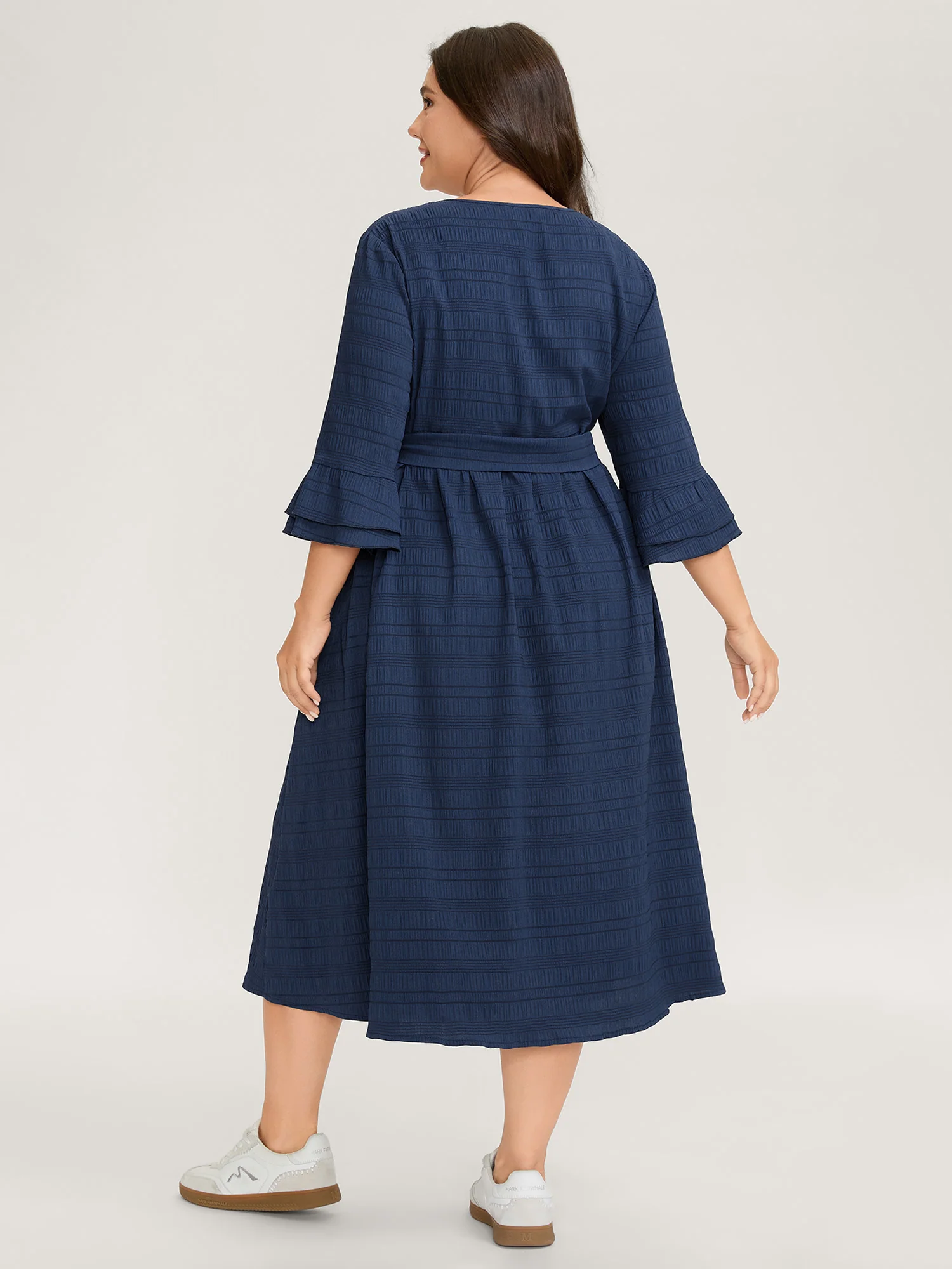 Textured Layered Ruffled Sleeve Belted Midi Dress - Image 4