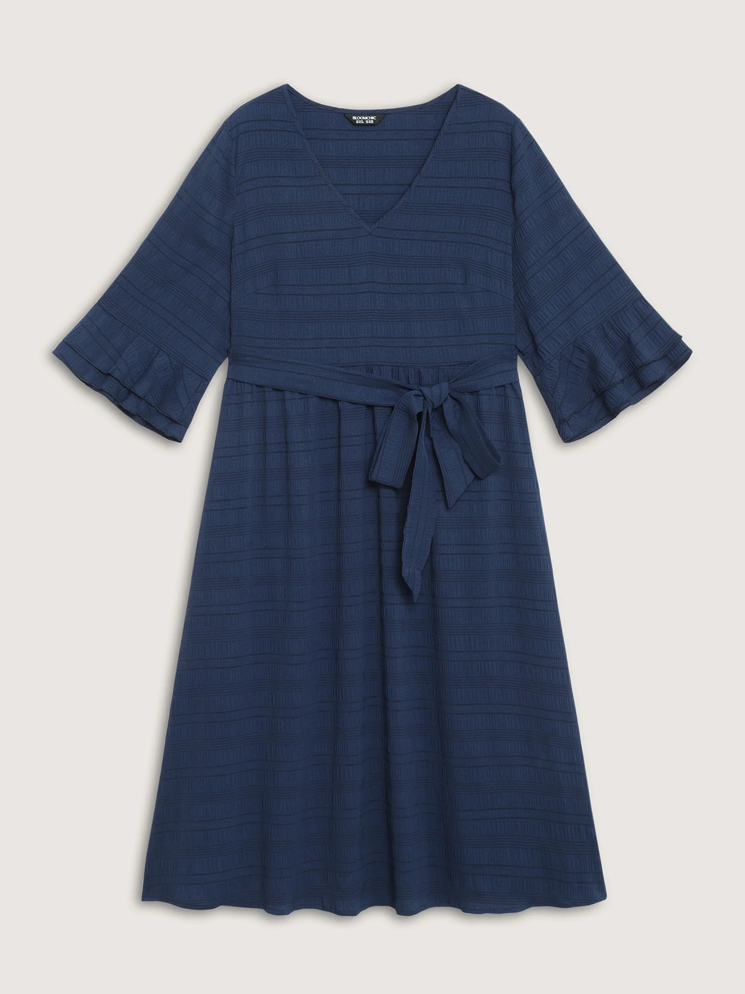 Textured Layered Ruffled Sleeve Belted Midi Dress - Image 7