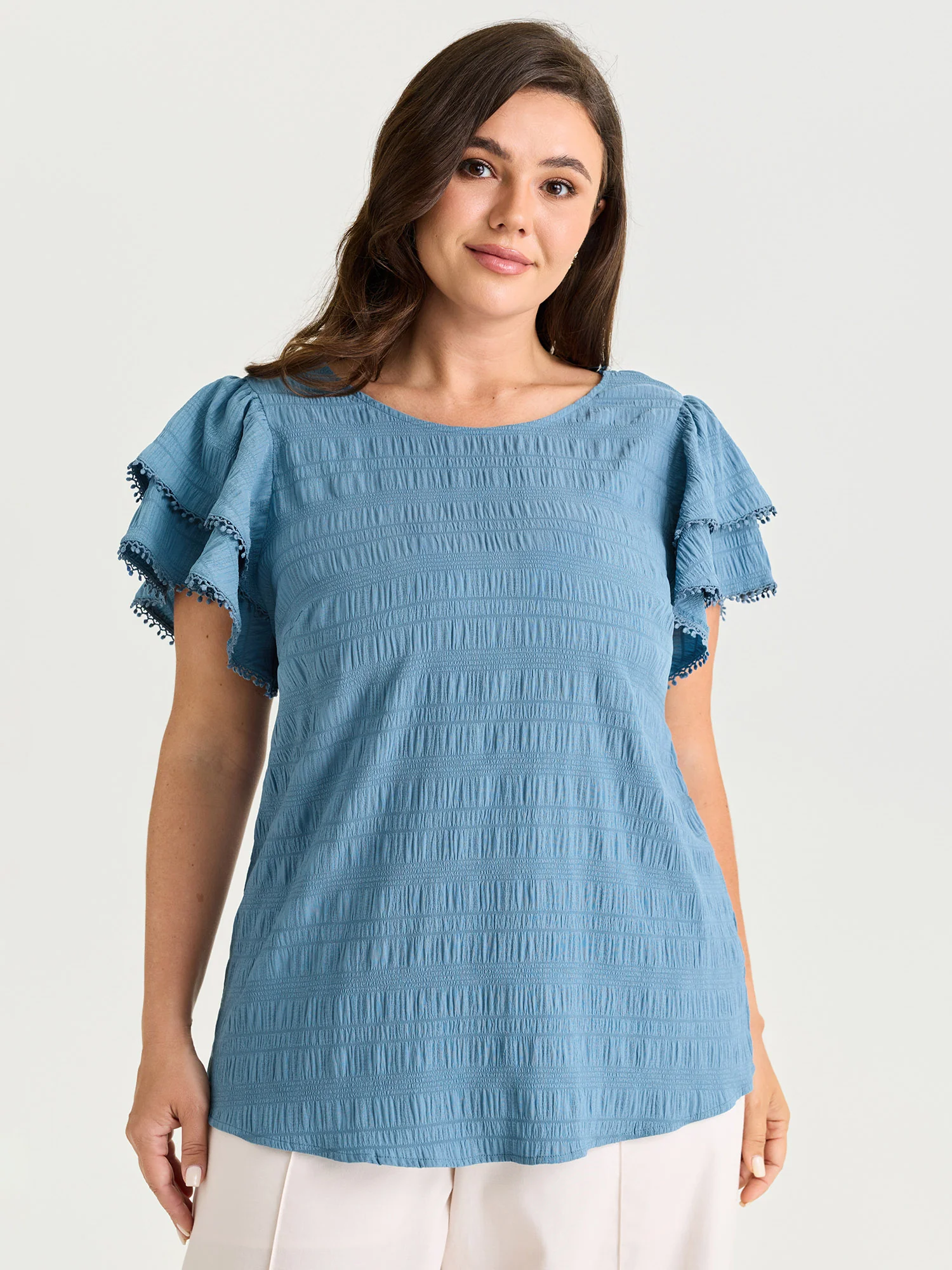Textured Layered Ruffled Sleeve Blouse