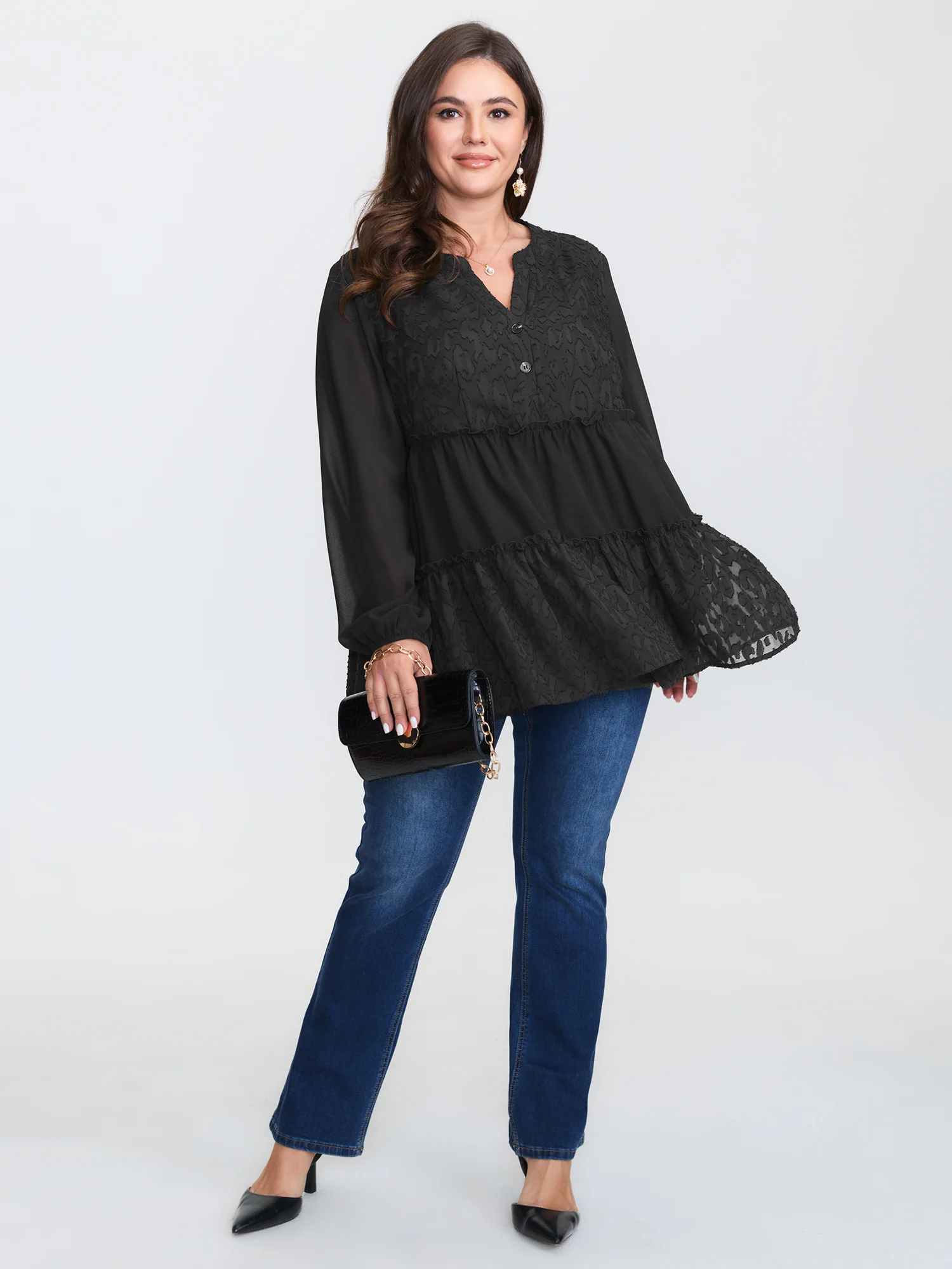 Textured Leopard Laser Cut Tiered Blouse - Image 2