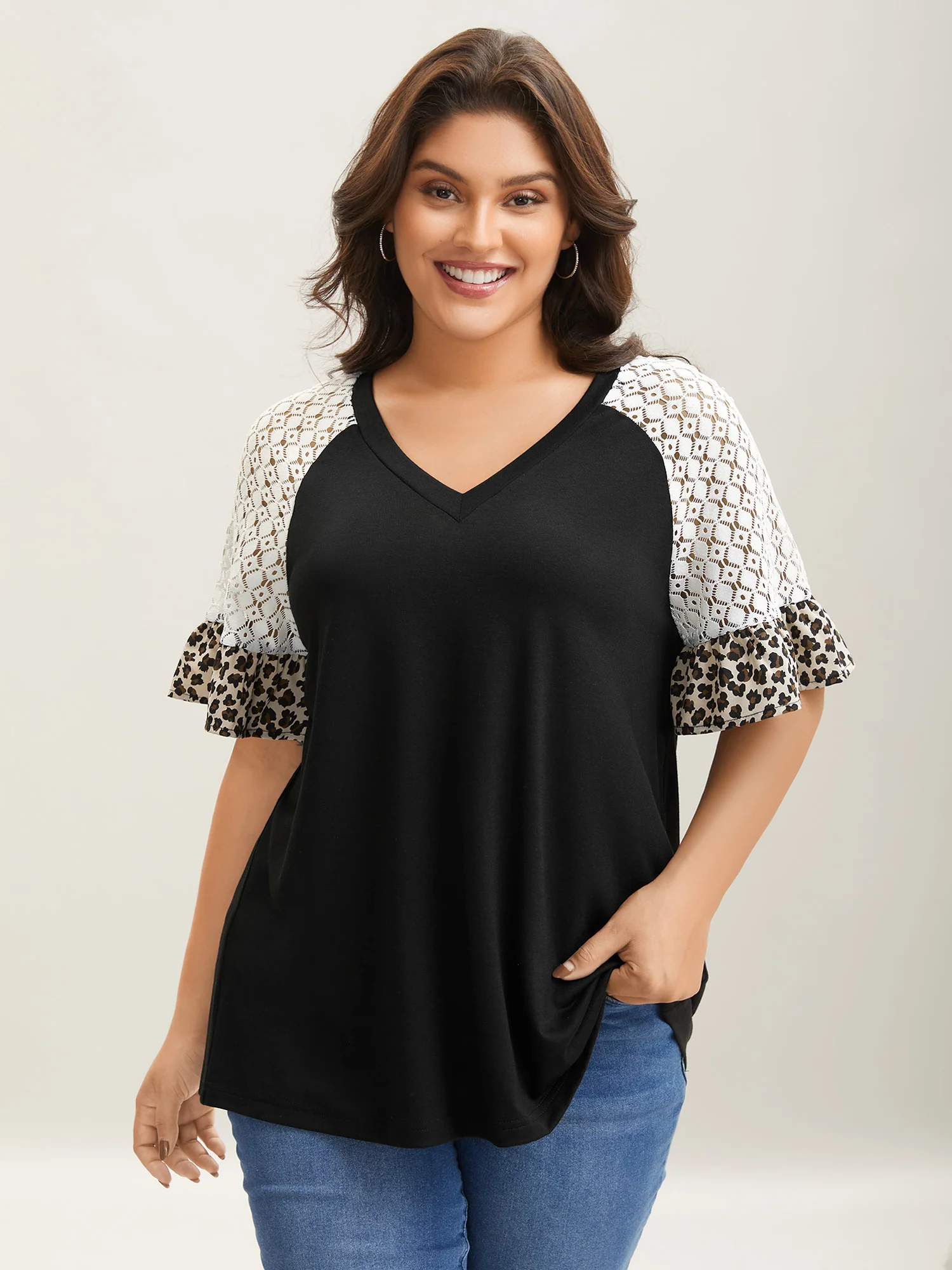 Textured Leopard Print Contrast Plain T-Shirt