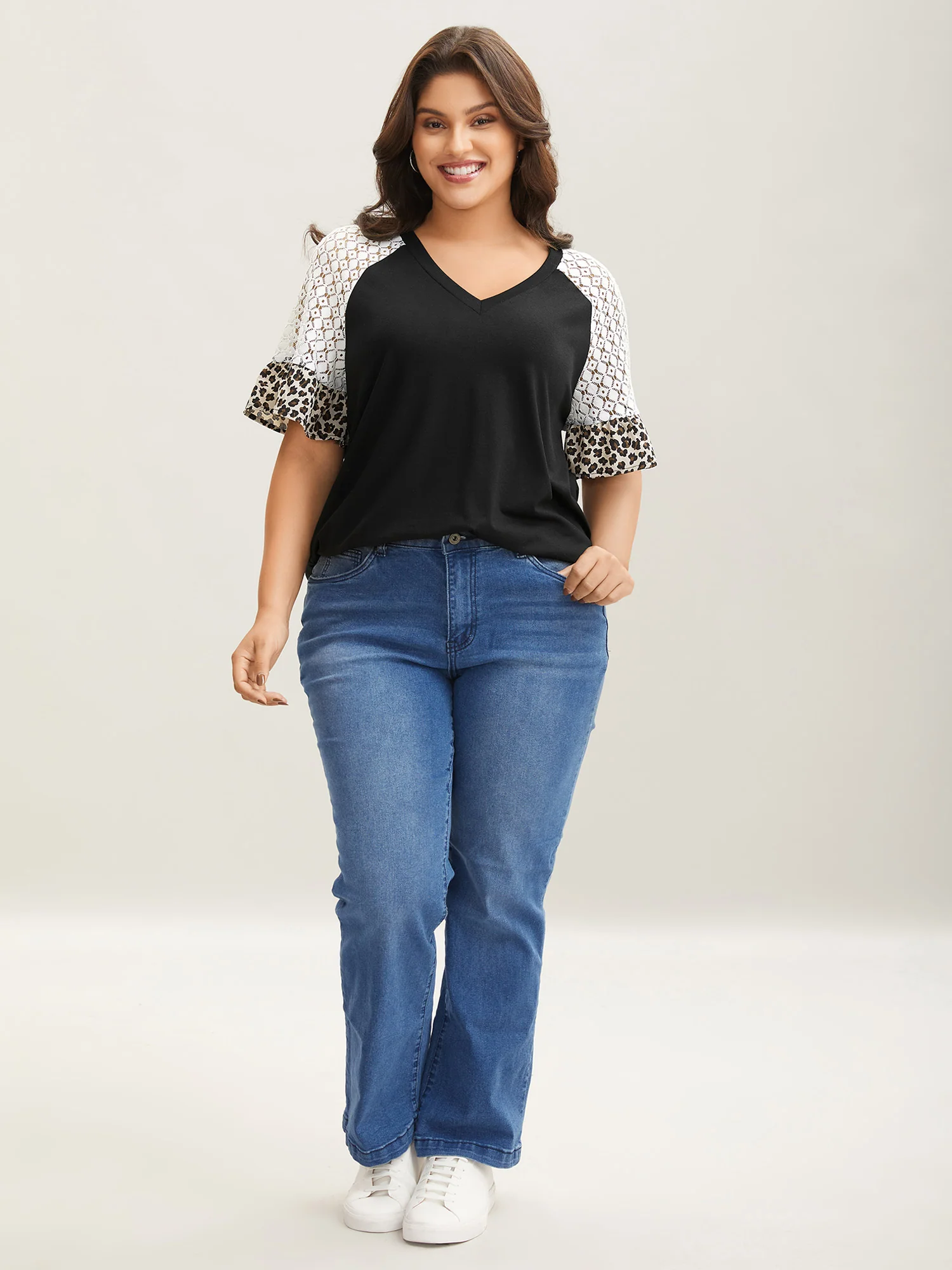 Textured Leopard Print Contrast Plain T-Shirt - Image 3