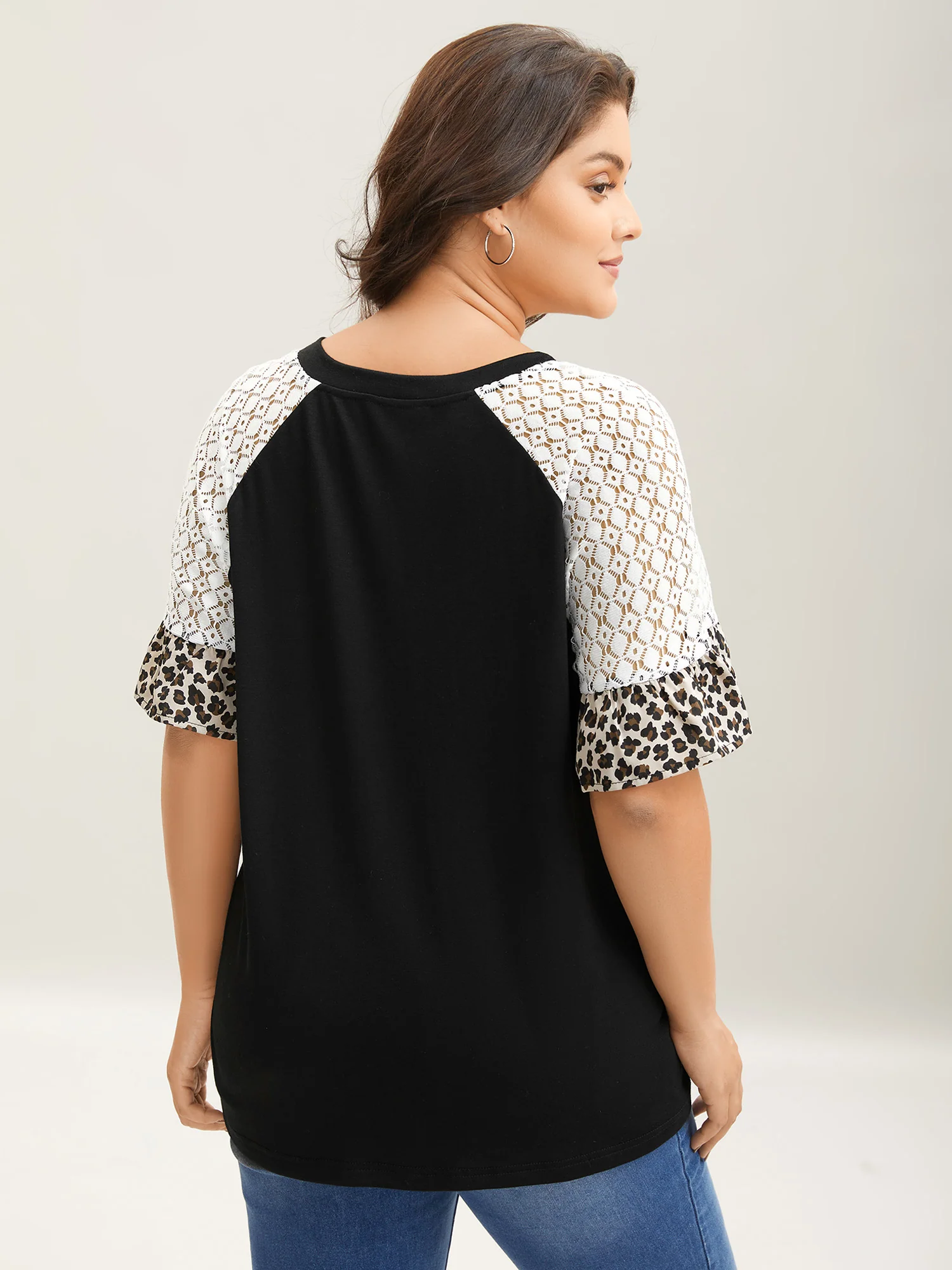 Textured Leopard Print Contrast Plain T-Shirt - Image 4
