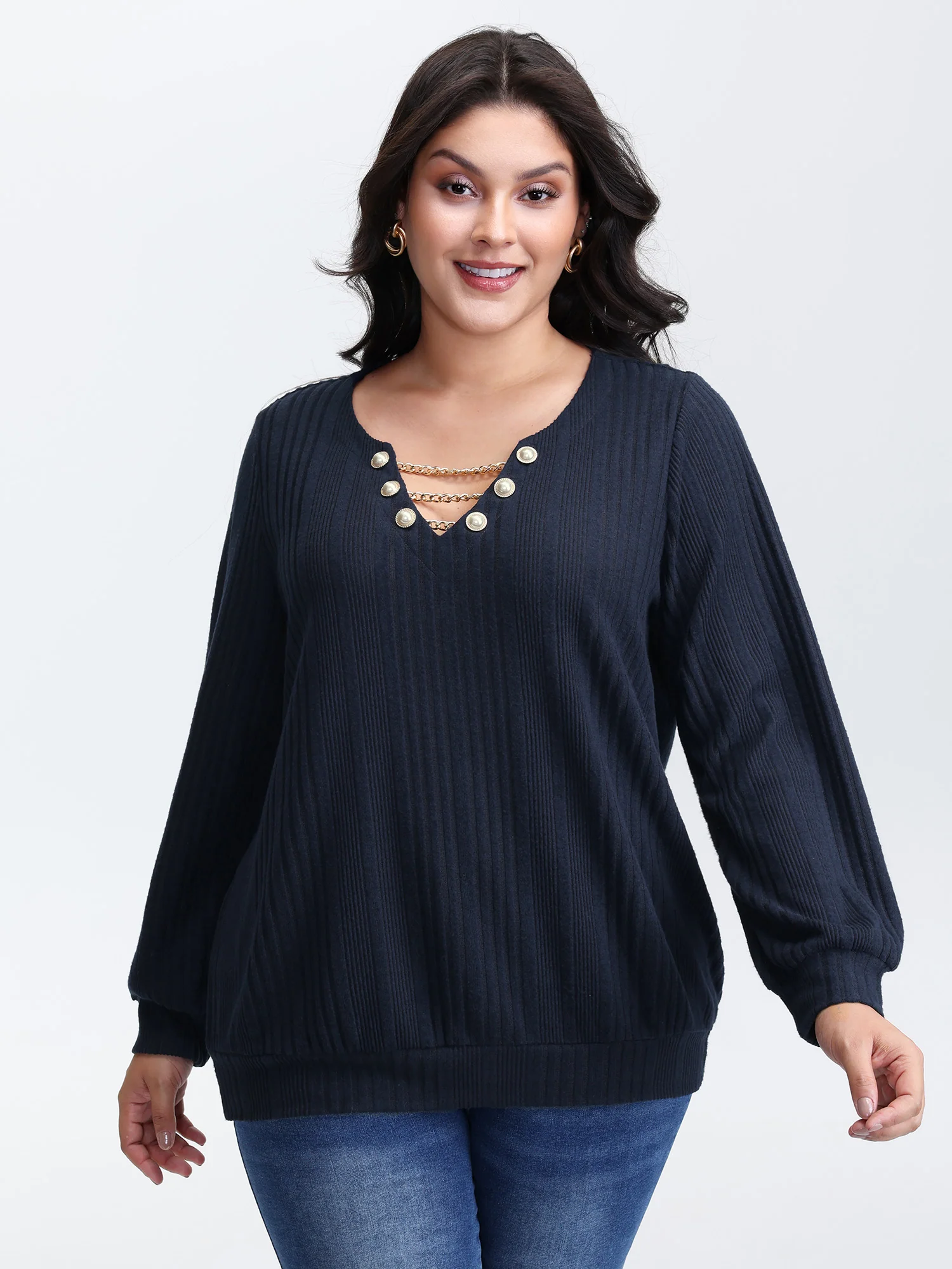 Textured Metallic Neckline Detail Stretchy Top - Image 2