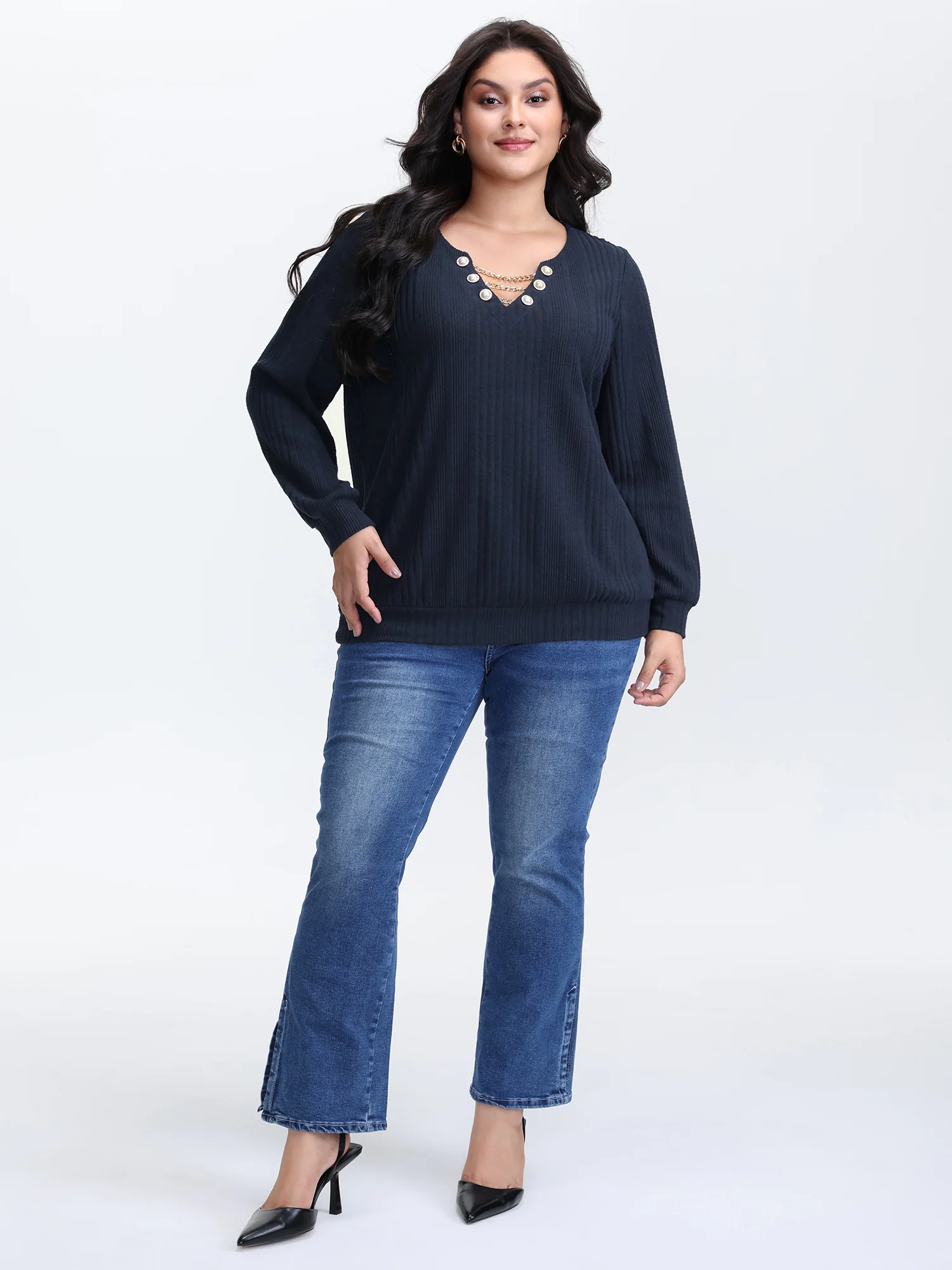 Textured Metallic Neckline Detail Stretchy Top - Image 4
