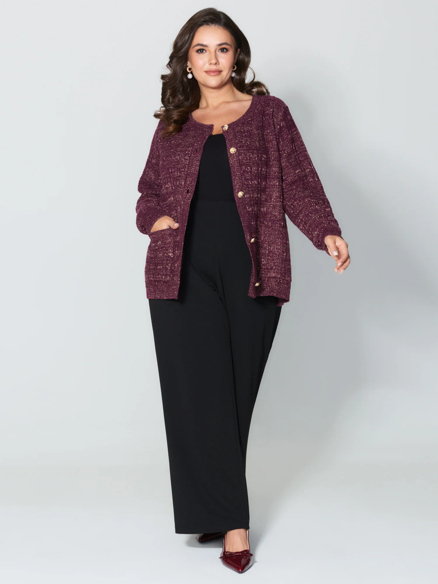 Textured Metallic Thread Button Knit Cardigan - Image 2