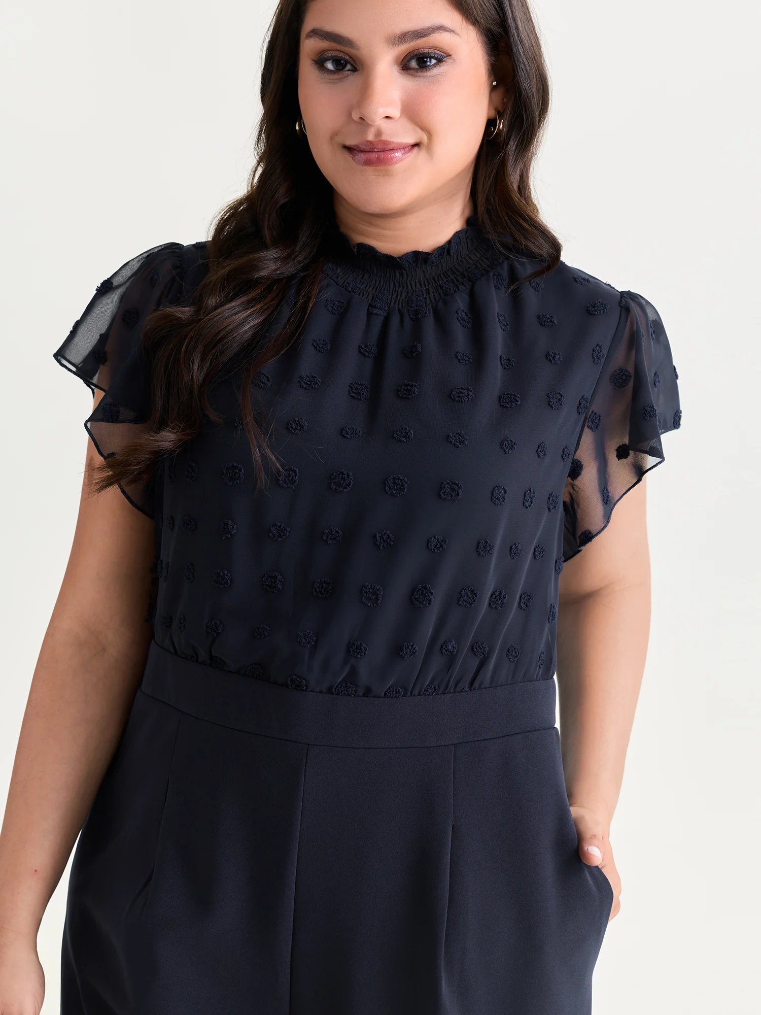 Textured Mock Neck Ruffled Sleeve Jumpsuit - Image 2