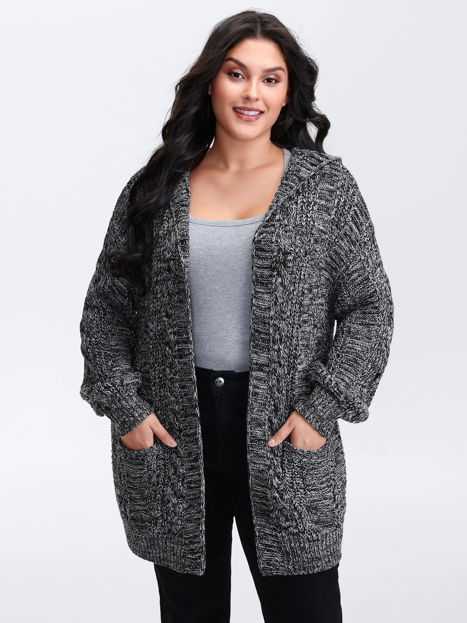 Textured Open Front Hooded Knit Cardigan - Image 2