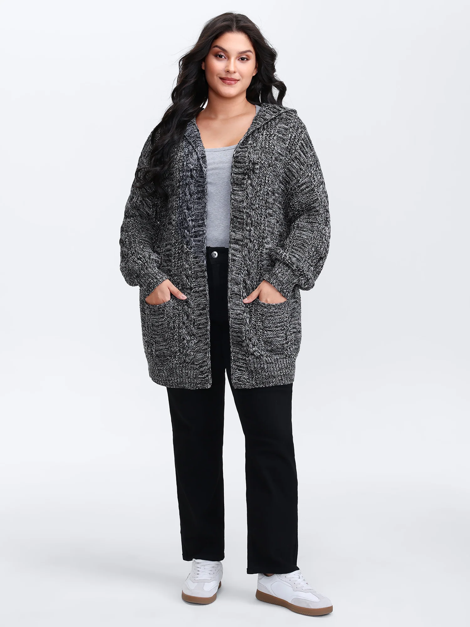 Textured Open Front Hooded Knit Cardigan - Image 3