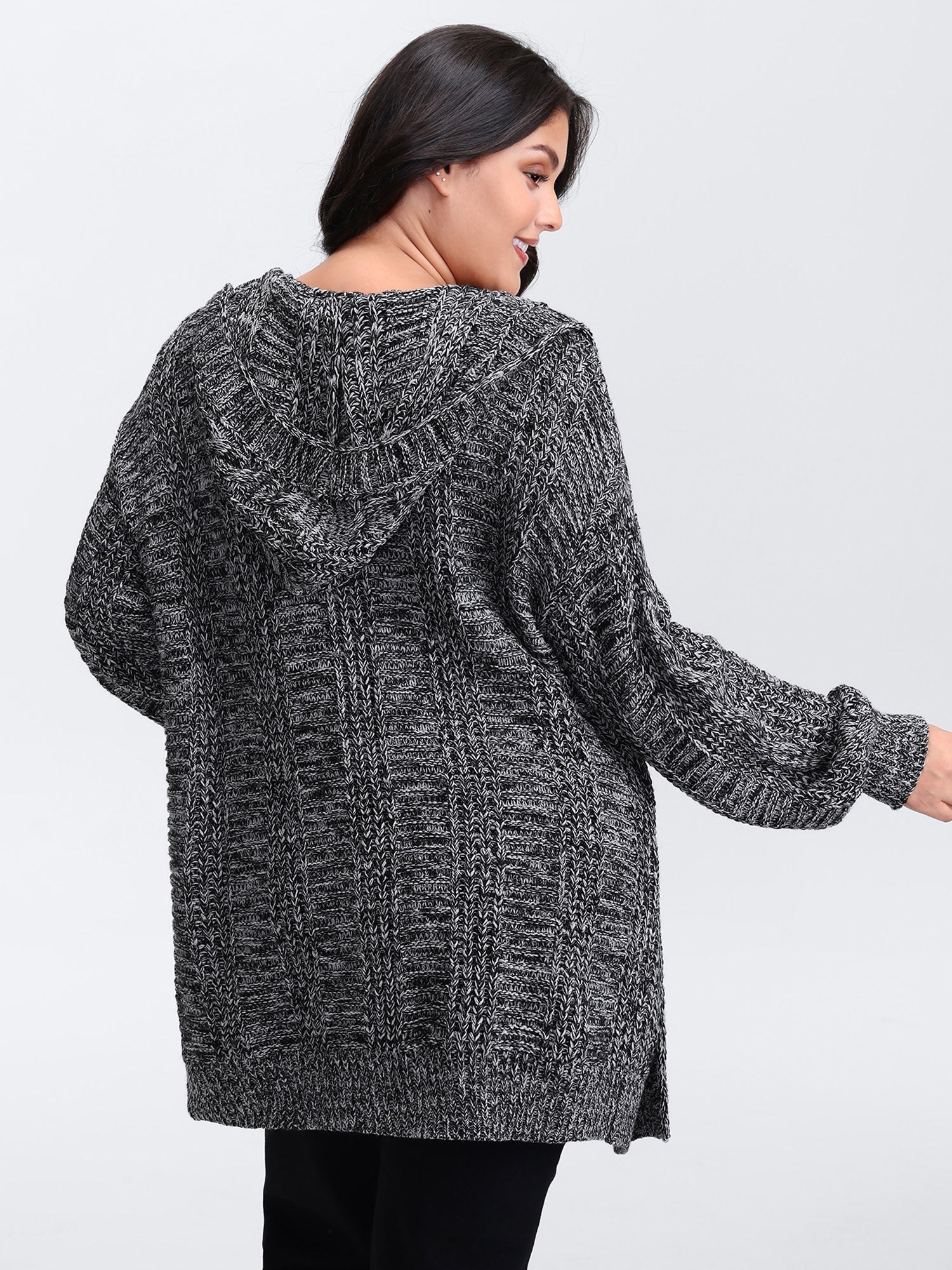 Textured Open Front Hooded Knit Cardigan - Image 4