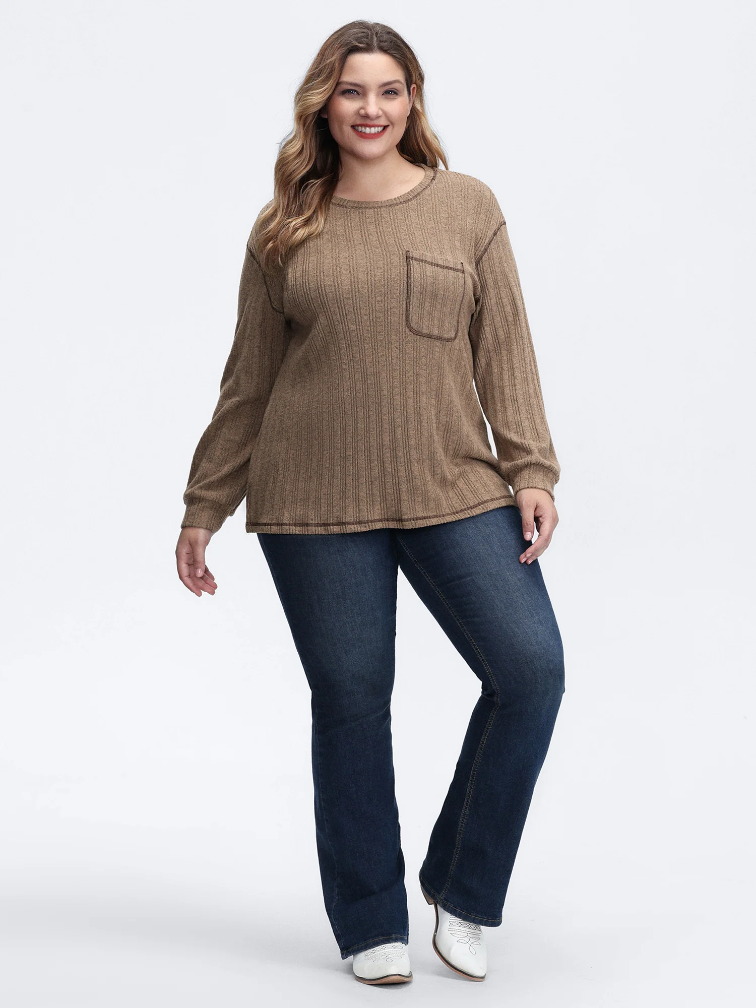 Textured Patch Pocket Round Neck Sweatshirt - Image 3