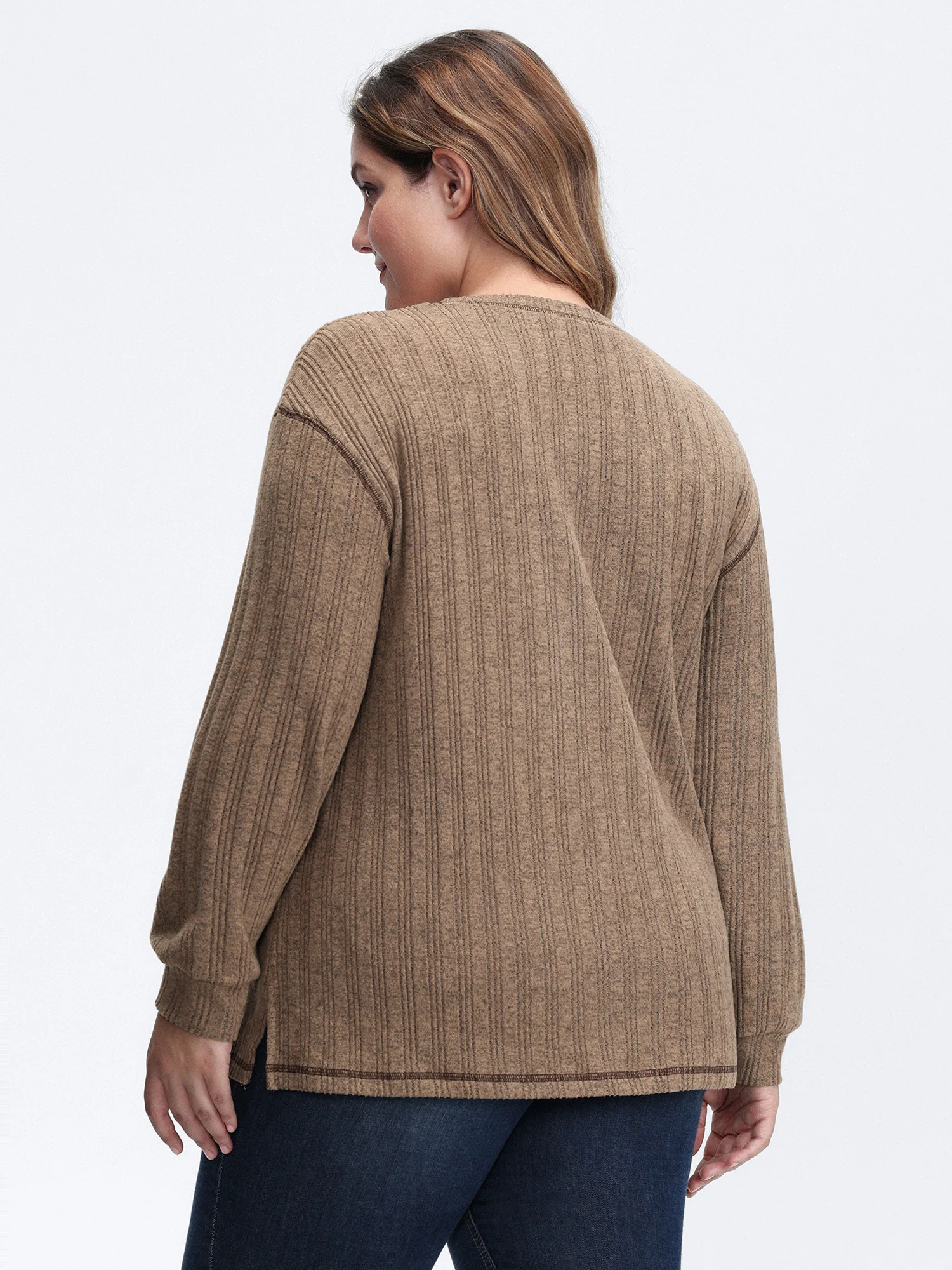 Textured Patch Pocket Round Neck Sweatshirt - Image 4