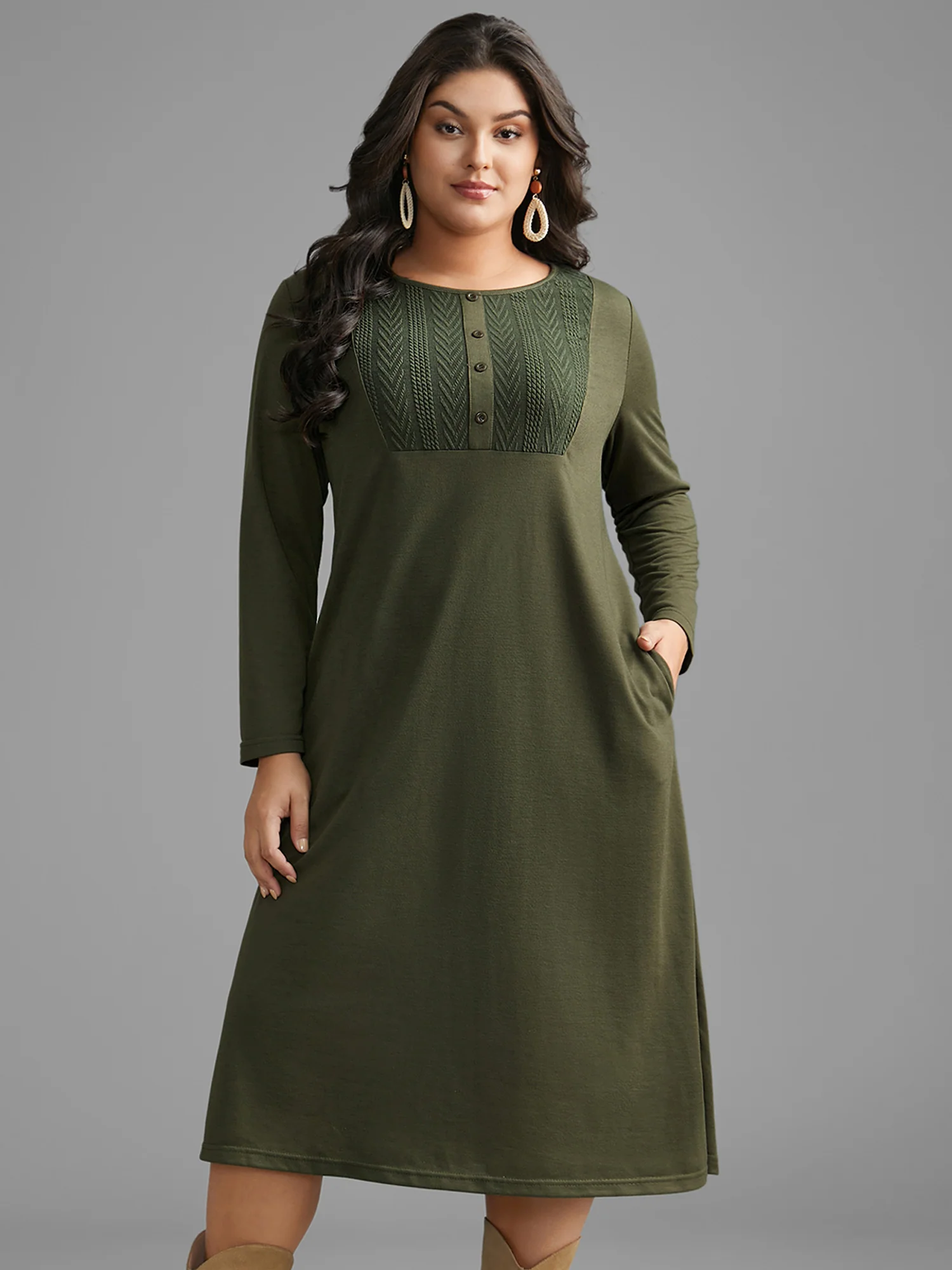 Textured Patchwork Button Detail Midi Dress
