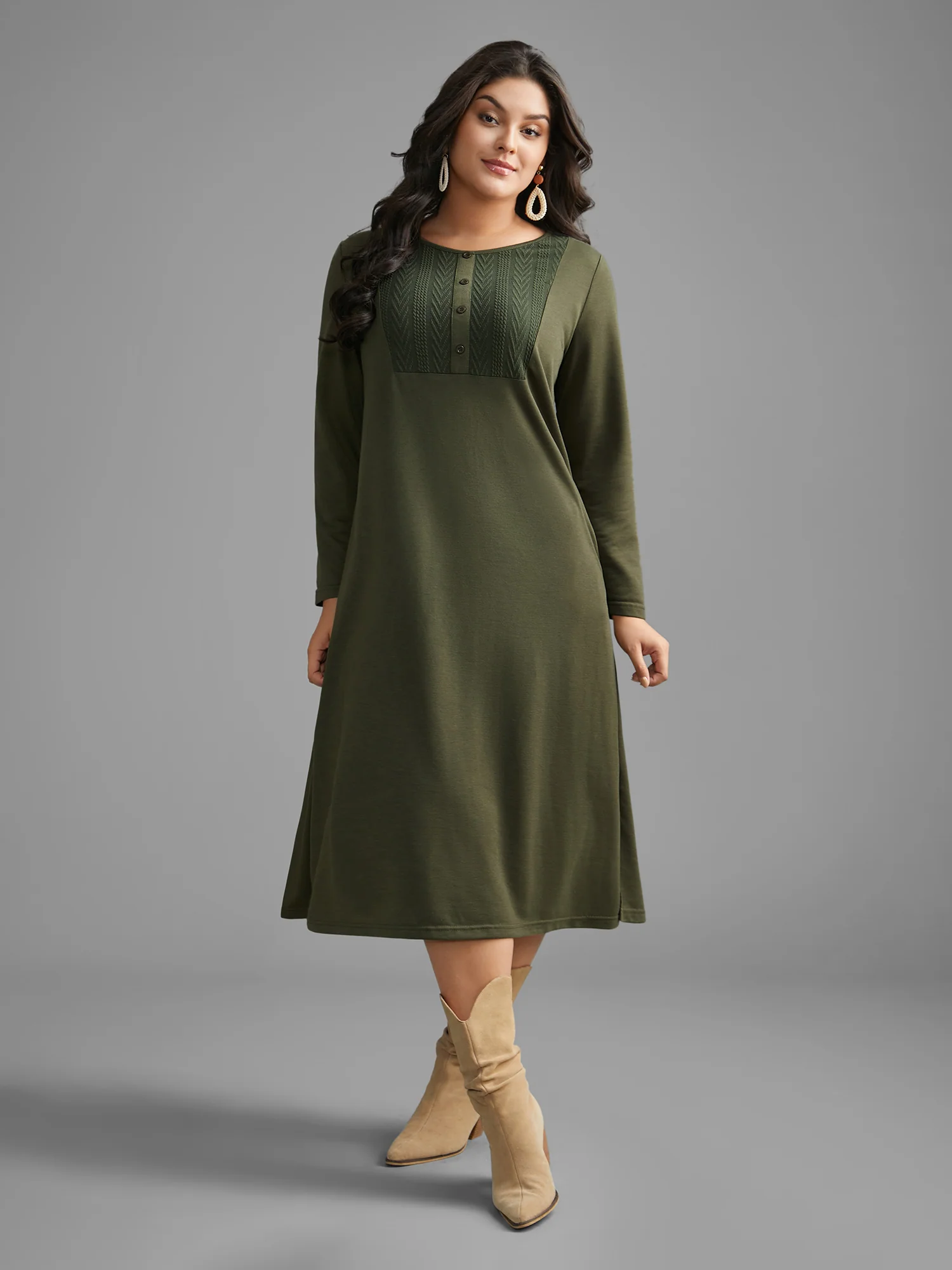 Textured Patchwork Button Detail Midi Dress - Image 2