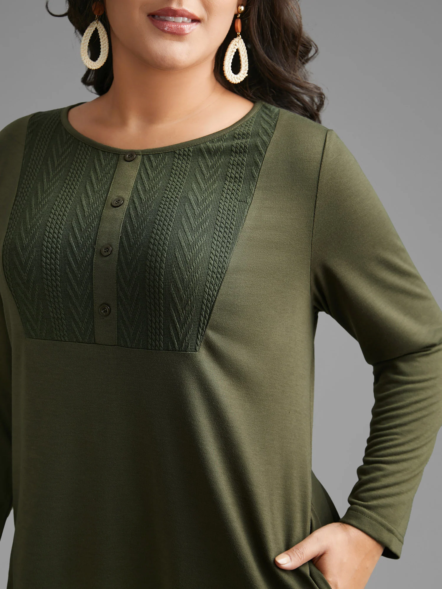 Textured Patchwork Button Detail Midi Dress - Image 3